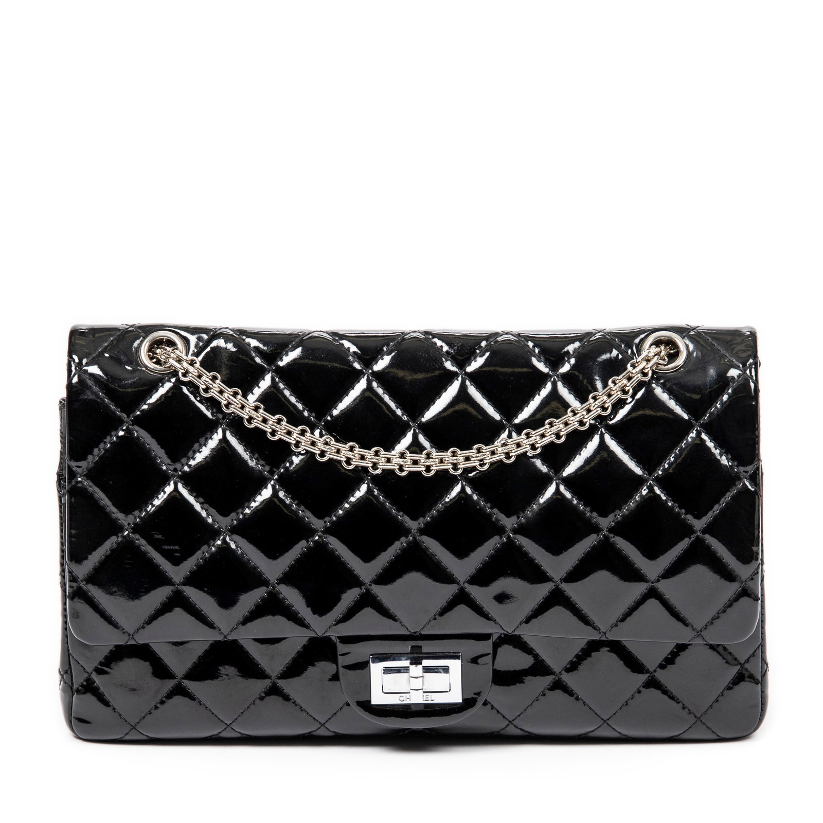 Chanel 2.55 Reissue 227 Bag: Chanel 2.55 Reissue 227 Bag in black quilted patent leather, reissue chain strap, silver hardware, marked 13830118 (2009-2010); third-party authenticated 12.25 in. x 7.75 in. x 4 in. Condition A; exce