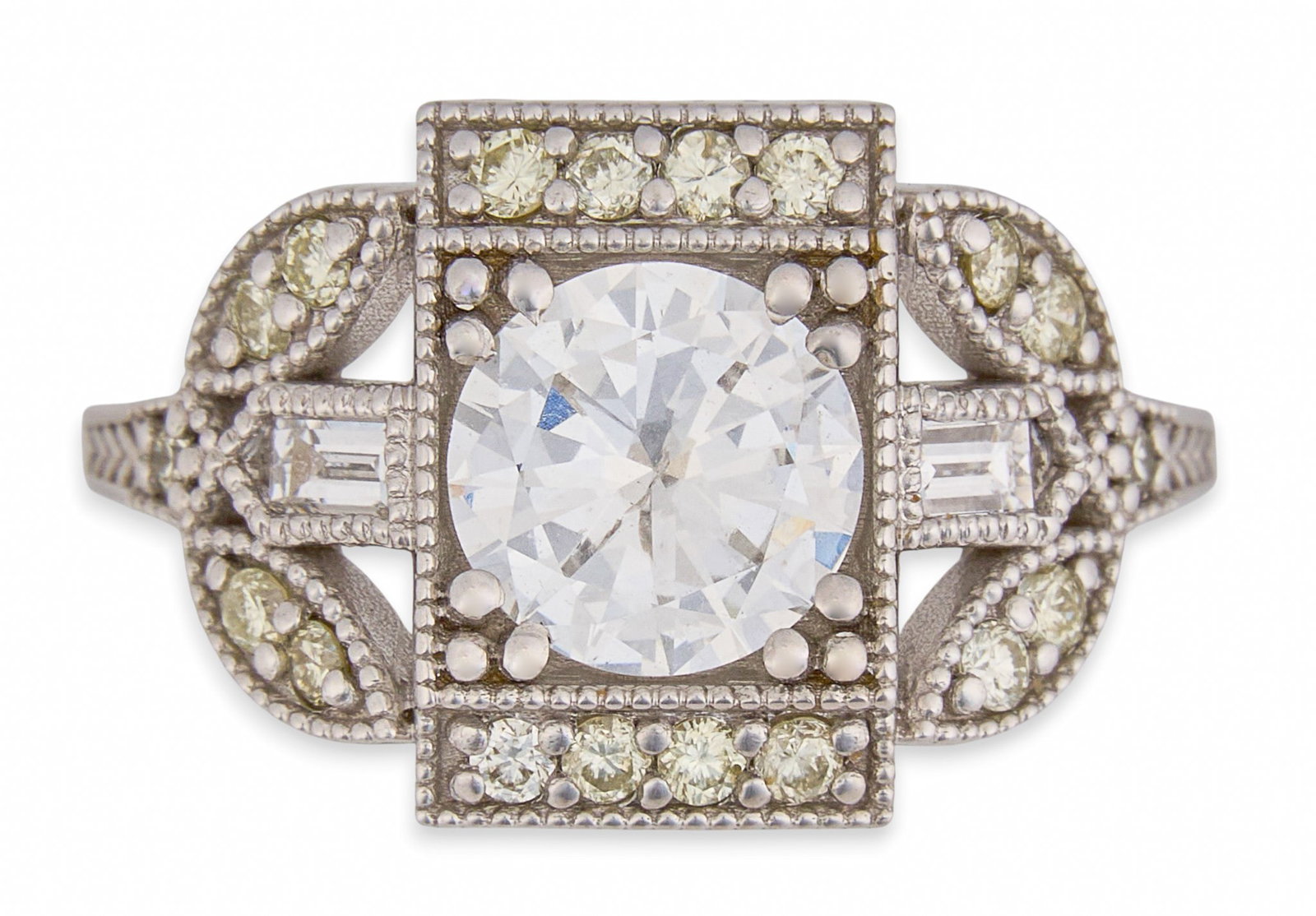 1 ct Diamond Ring: Vintage style 14K white gold ring set with 1.25 ct diamond center stone, accented by an additional 0.61 ctw of surrounding diamonds, marked "14K" Size: 7 Total weight: 4.3 g Provenance: