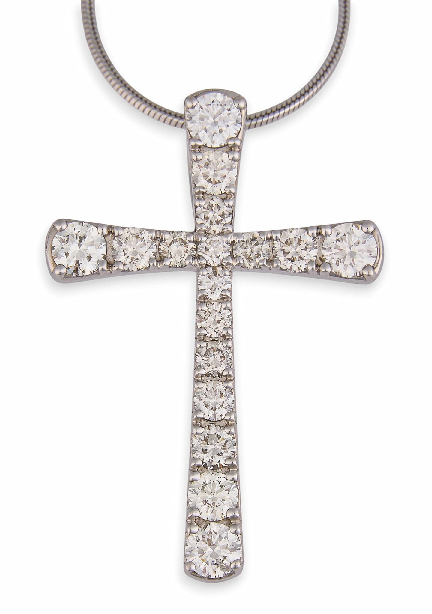 2 ctw Diamond Cross Pendant Necklace: 18K white gold cross pendant set with seventeen round brilliant cut diamonds, approximately 1.98ctw, marked "750", on a 14K white gold chain, marked "14K" to clasp Length