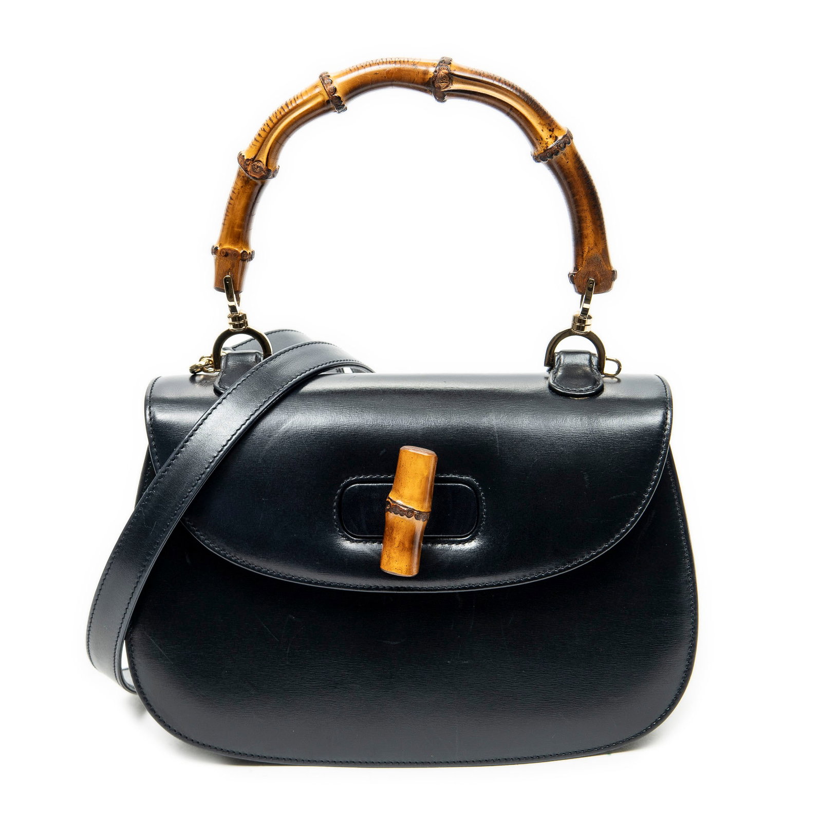 Gucci Medium Bamboo Top Handle Flap Shoulder Bag: Gucci Medium Bamboo Top Handle Flap shoulder bag in black calfskin leather, gold hardware, marked 000-926-0633, includes long strap, mirror, booklet; third-party authenticated 10.75 in. x 6.75 in. x 3