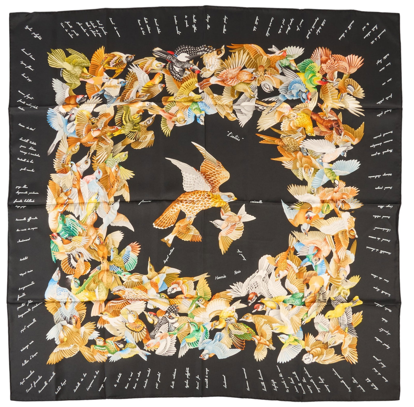 Hermes, L'Intrus Silk Scarf: Hermes "L' Intrus" silk scarf, designed by Joachim Metz Square: 34 in. Condition A; excellent condition, shows little signs of wear Provenance: Property from a home in San Antonio, Texas