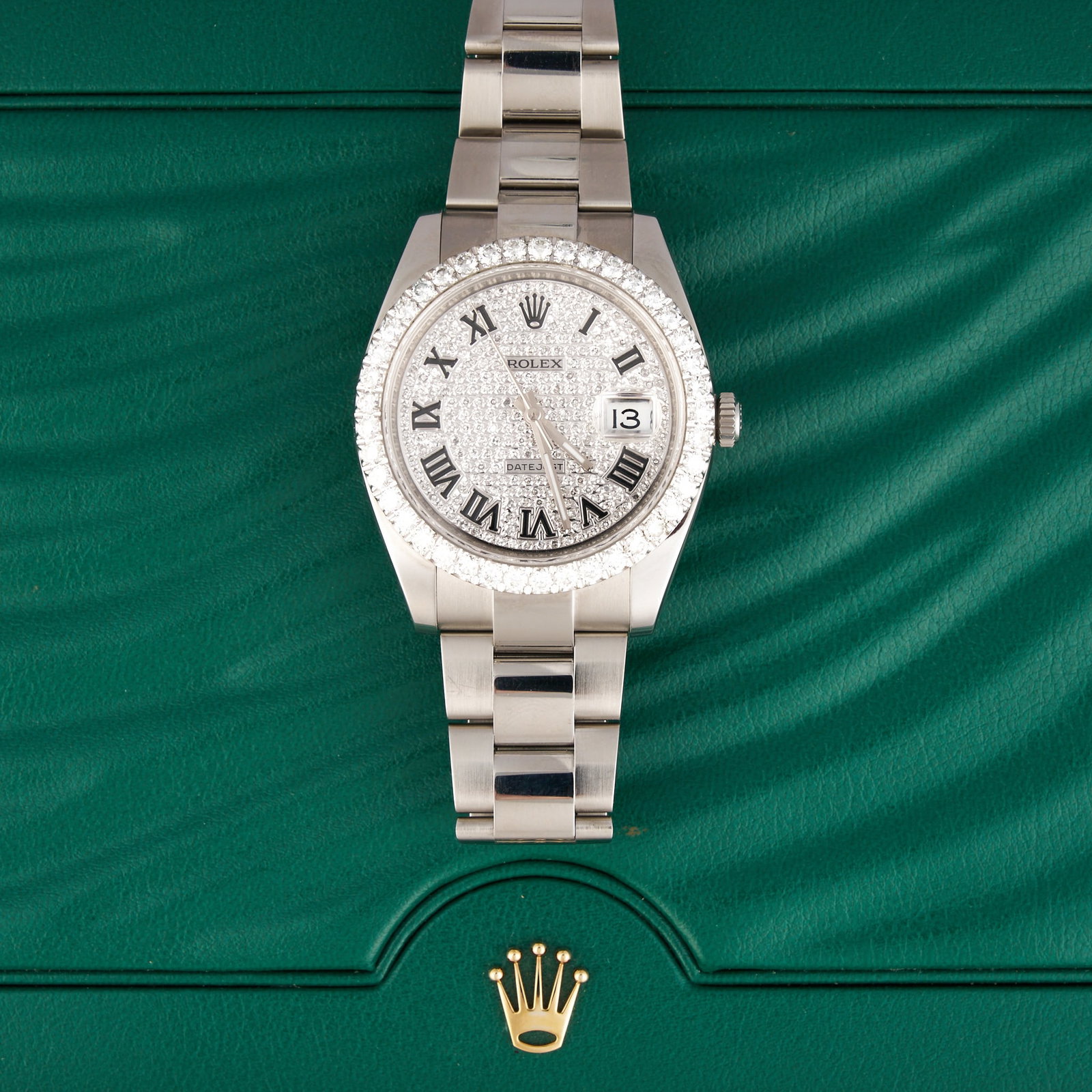 Rolex Datejust 41mm Stainless Steel Diamond Set: Rolex Datejust stainless steel watch, encrypted production date, model number 116300, serial number 4664D6Y3, 41mm case, diamond set bezel and dial, black Roman numeral hour markers, feature
