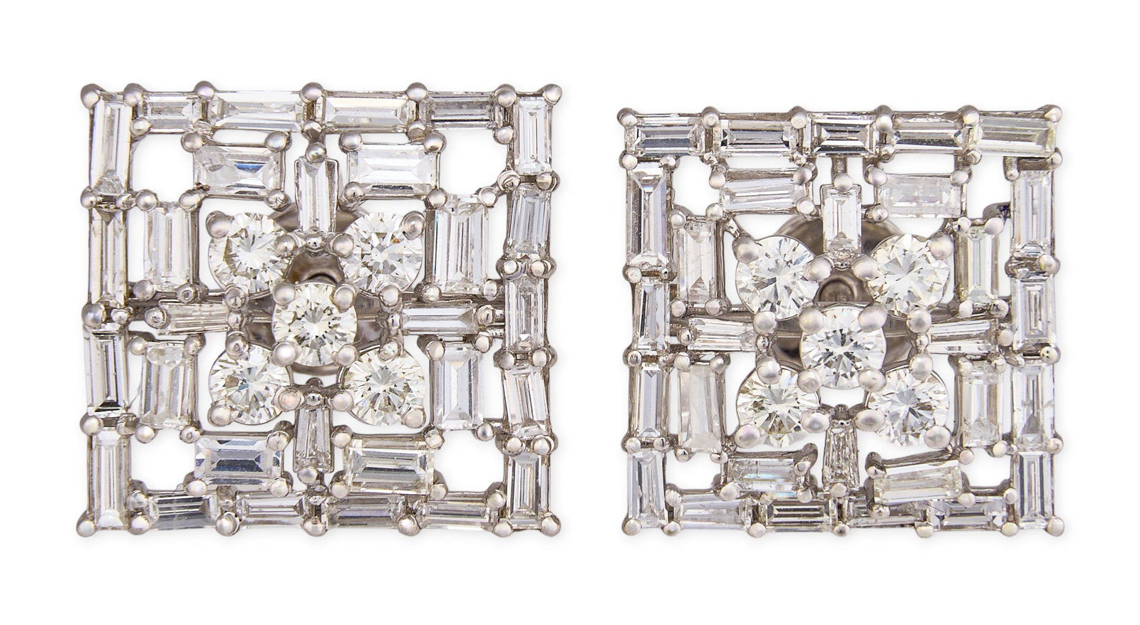 3 ctw Diamond Cluster Earrings: Pair of 14K white gold cluster earrings, set with round brilliant and baguette cut diamonds, approximately 3.15 ctw Size: 0.5 in. x 0.5 in. / each Total weight: 4.2 g Provenance: Property from a home 