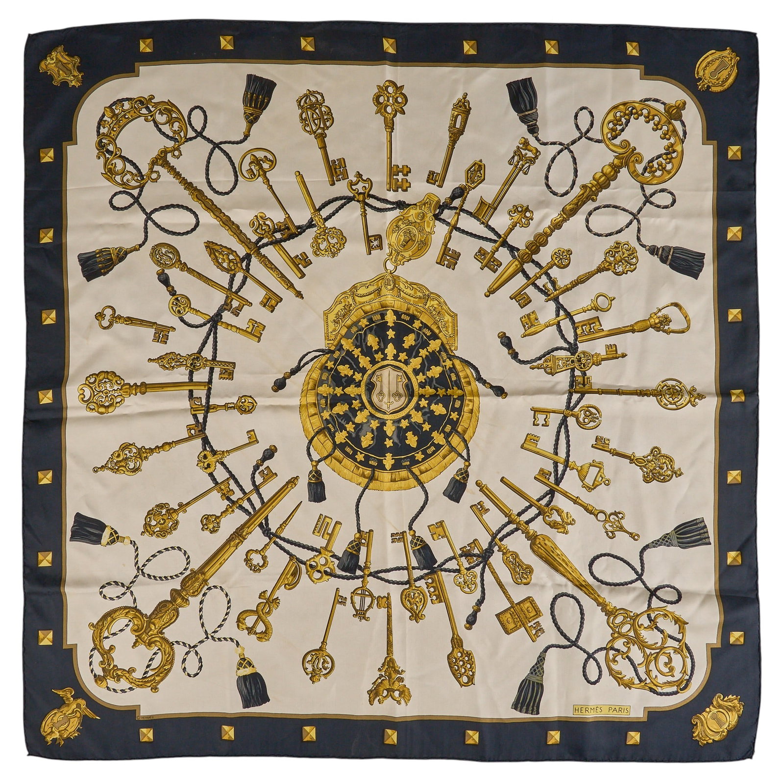 Hermes Les Cles Silk Scarf: Hermes "Les Cles" silk scarf, designed by Cathy Latham Square: 34 in. Condition AB; very good condition, regular wear signs, small stains near center Provenance: Property from a home i