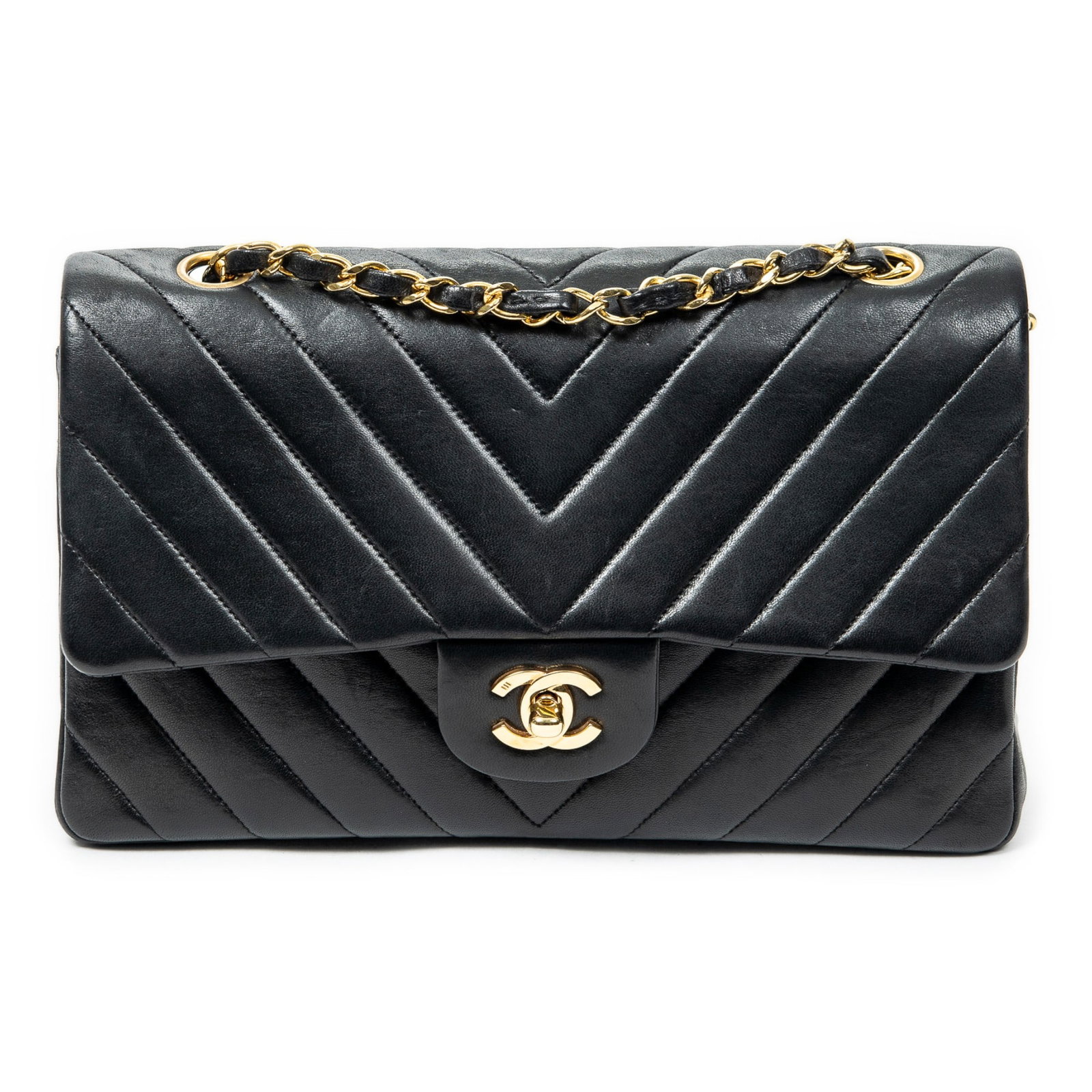 Chanel Classic Double Flap 26 Shoulder Bag: Chanel Classic Double Flap 26 shoulder bag in black quilted chevron lambskin leather, with interlaced chain, and golden hardware, marked 1912690 (1989-1991); third-party authenticated 10 in. x 6.25 in