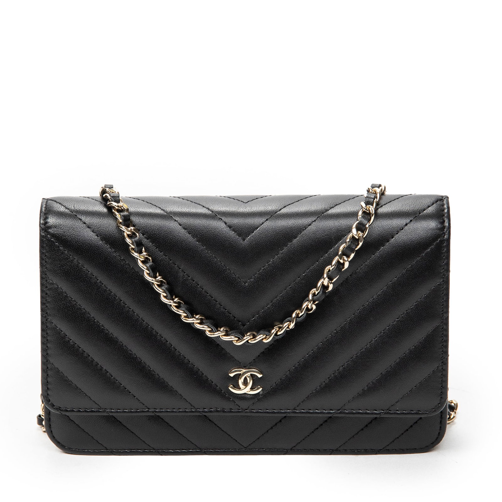 Chanel Classic Wallet On Chain Shoulder Bag: Chanel Classic Wallet on Chain shoulder bag in black chevron quilted lambskin leather, gold hardware, marked 24816747 (2017-2018), includes sticker, card; third-party authenticated 7.5 in. x 4.5 in. x