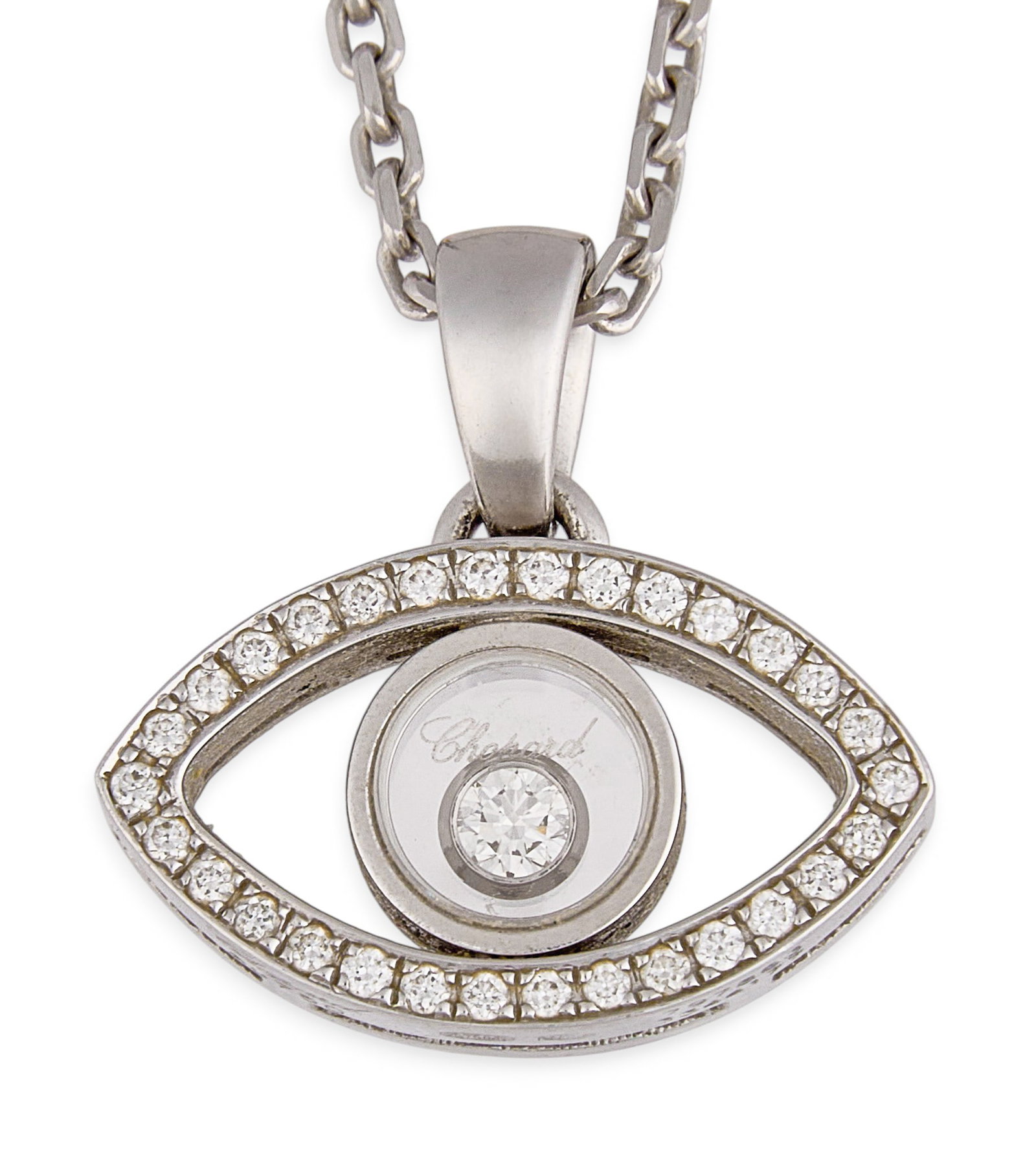 Chopard 18K Floating Diamond Evil Eye Necklace: Chopard 18K white gold pendant necklace, featuring evil eye motif set with diamond halo and floating diamond in bezel setting, on 18K white gold chain, marked to clasp, includes original box Length: 1