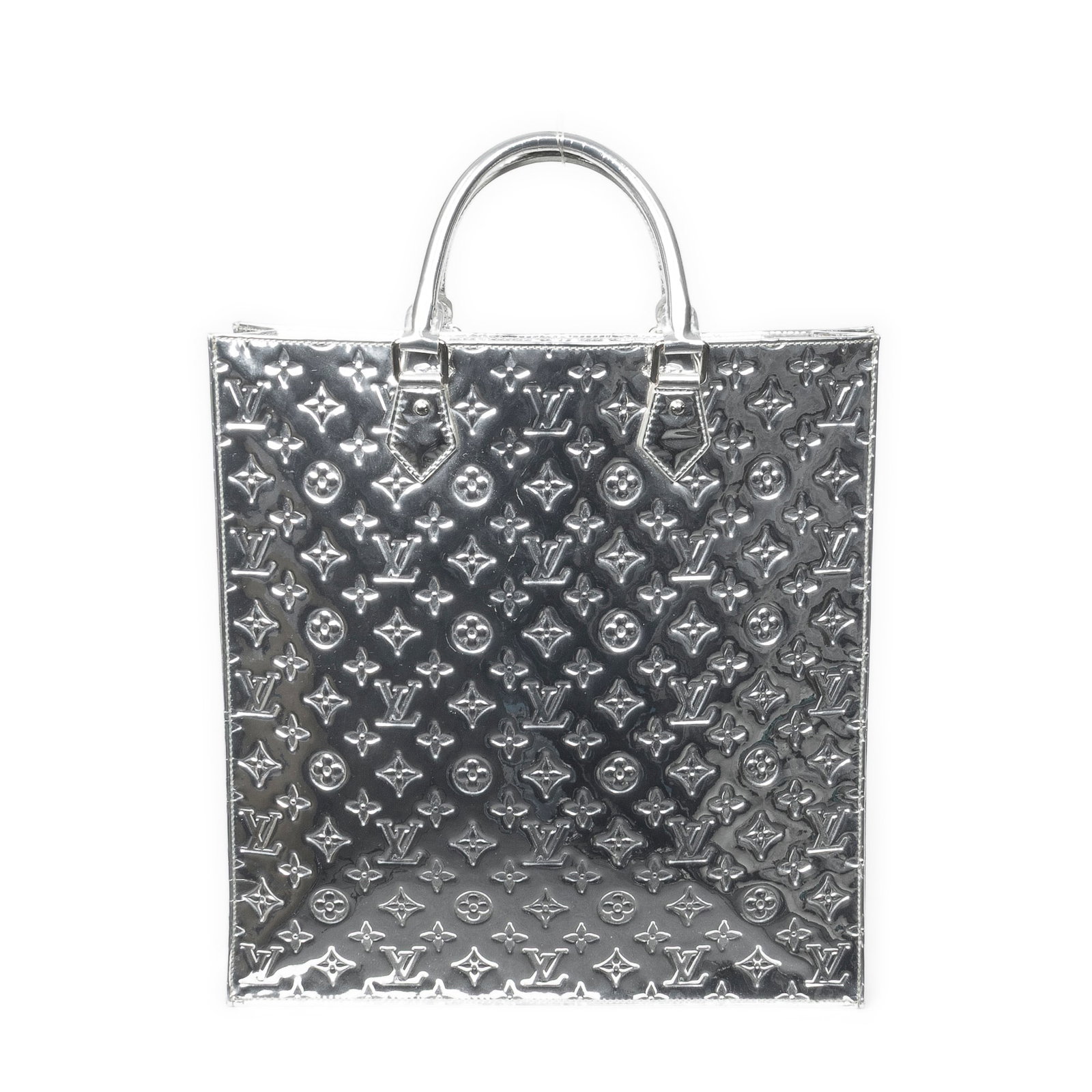 Louis Vuitton Miroir Sac Plat Shoulder Bag: Louis Vuitton Miroir Sac Plat shoulder bag in silver monogram miroir, silver brass hardware, marked FO4019 (41st week of 2009), includes dustbag, box; third-party authenticated 14.25 in. x 14.5 in. x