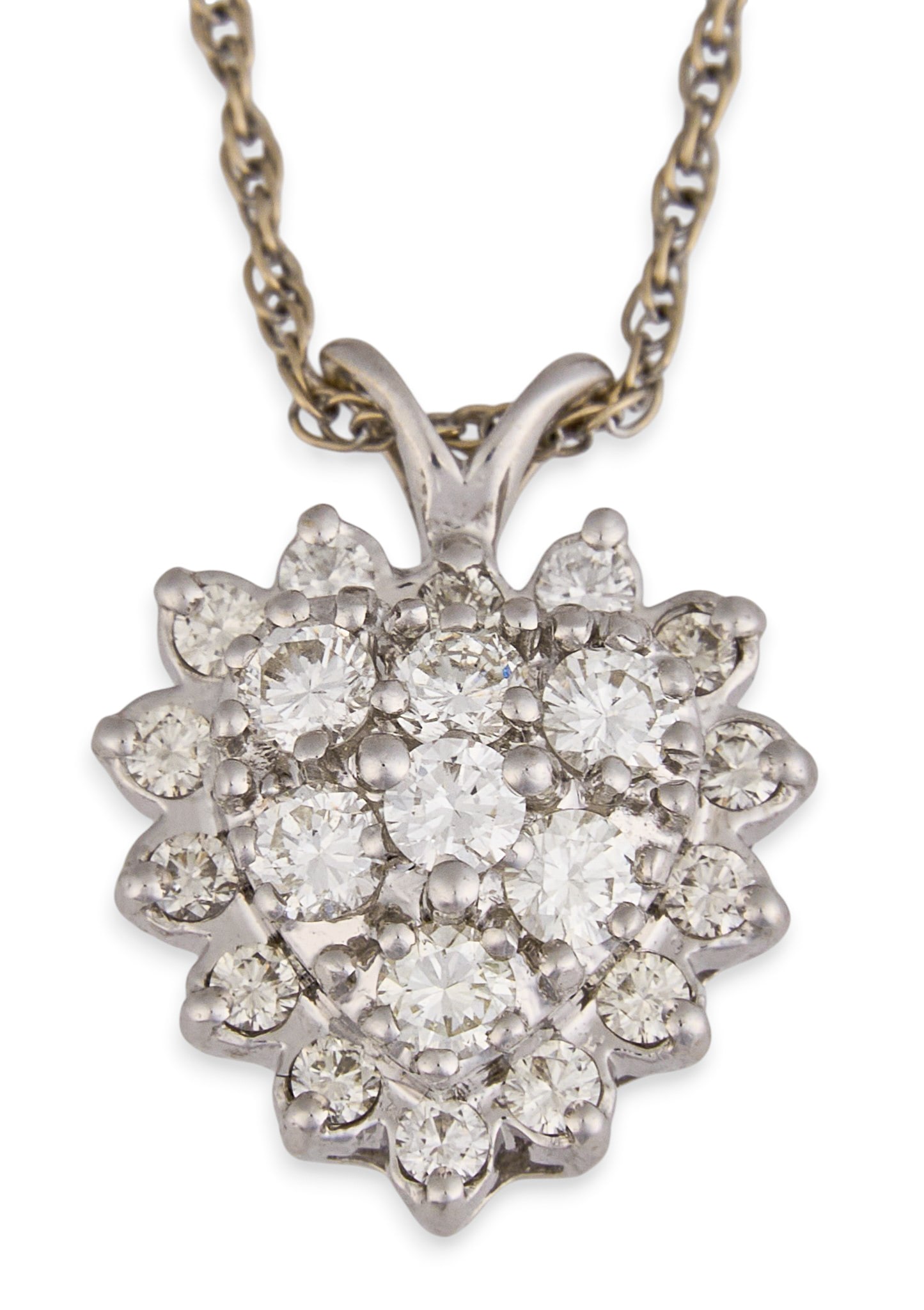 14K Diamond Heart Pendant Necklace: 14K white gold heart pendant necklace, pendant set with twenty-one round brilliant cut diamonds, marked "14K" to clasp Length: 16.5 in. Total weight: 4.4 g Provenance: Property from a h