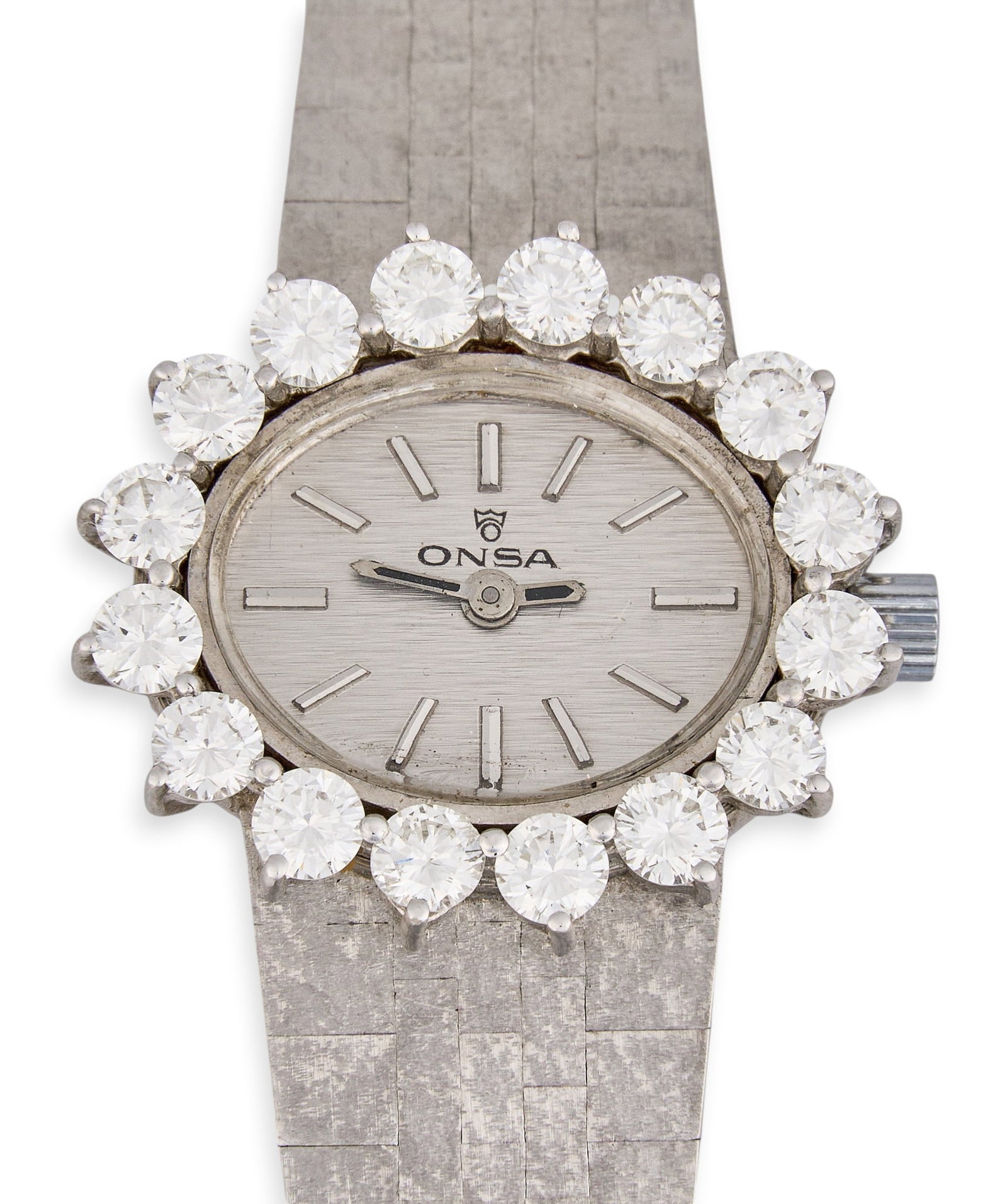 14K Onsa Diamond Watch: 14K white gold Onsa diamond watch, 21mm x 25mm case, marked "0.565" on clasp Total weight 35.1 g Provenance: Property from a home in San Antonio, Texas