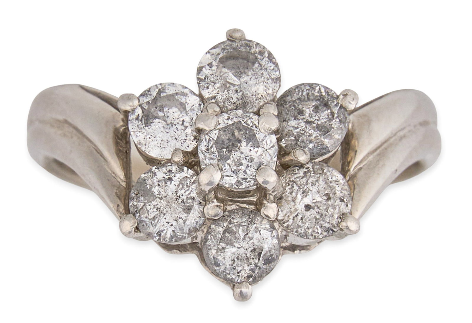Platinum Diamond Flower Ring: Platinum ring set with seven round brilliant cut diamonds in floral design, approximately 1.01 ctw, I1 clarity and G-H color, marked "Pt900" and "100" Size: 5 Total weight: 5.