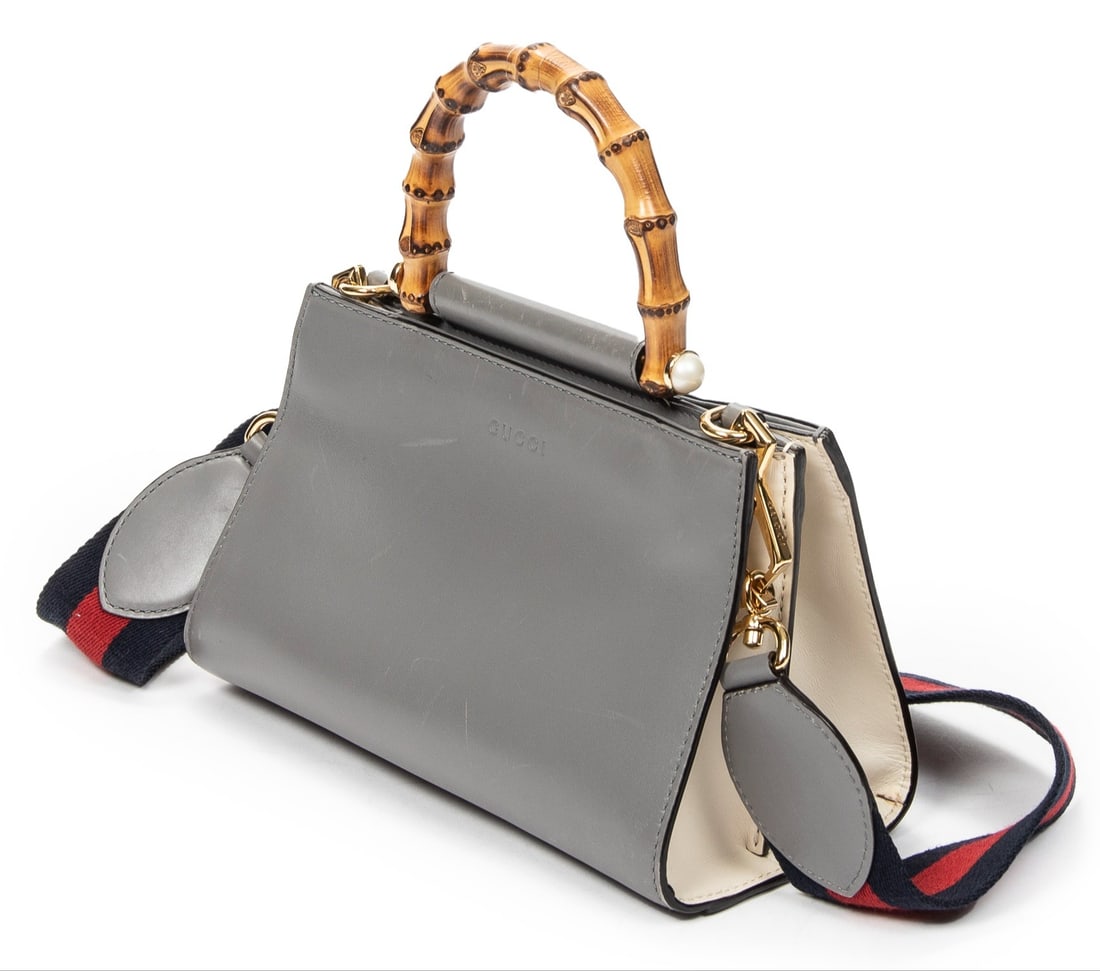 Gucci Nymphaea Top Handle Bamboo Shoulder Bag: Gucci Nymphaea Top Handle Bamboo shoulder bag in taupe smooth calfskin leather, bamboo handle/web canvas, gold hardware, marked 470271 493075, includes strap; third-party authenticated 9.5 in. x 5.5 i