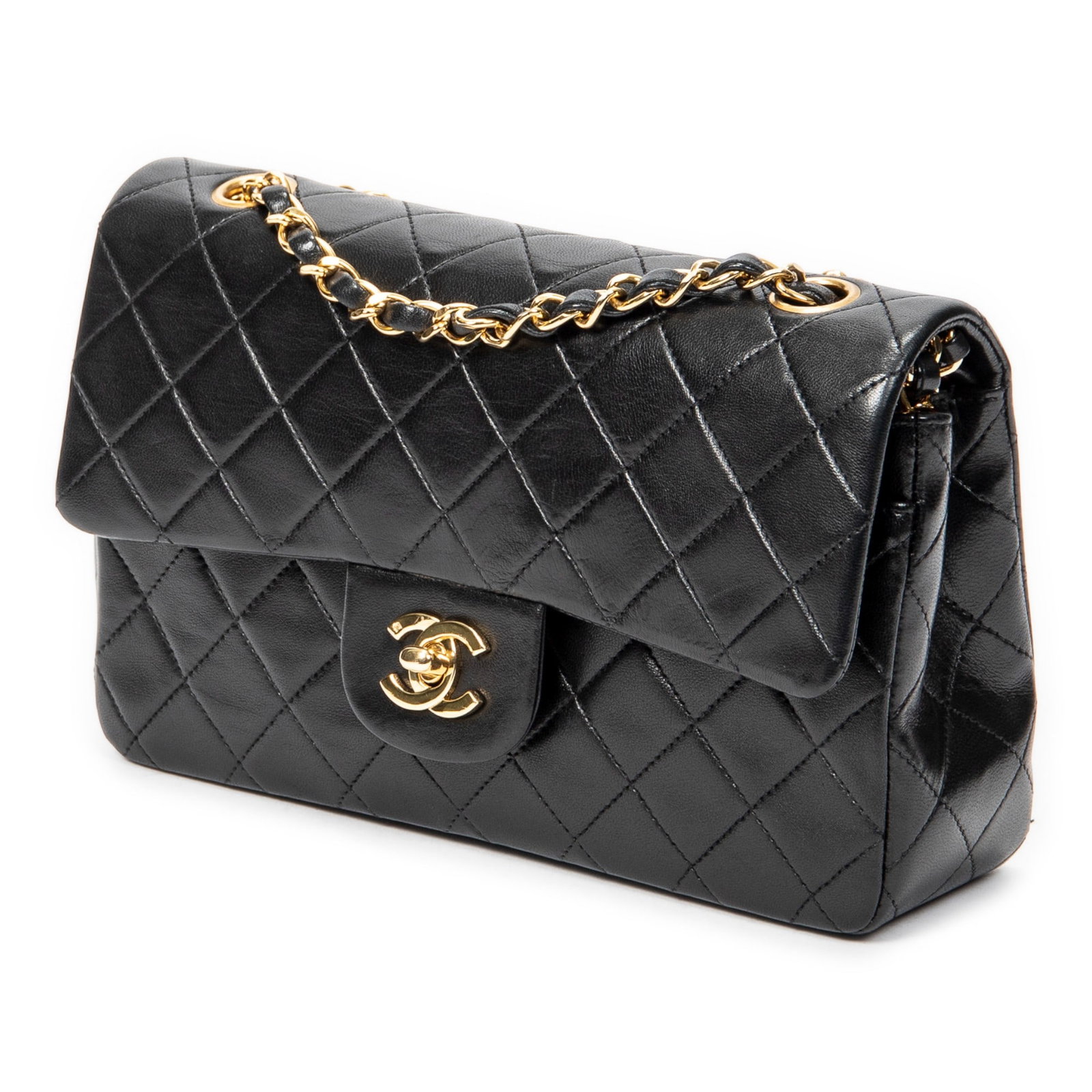 Chanel Classic Double Flap 23 Shoulder Bag: Chanel Classic Double Flap 23 shoulder bag in black quilted lambskin leather, with interlaced chain, and golden hardware, marked 1385402 (1989-1991), includes sticker, card; third-party authenticated 