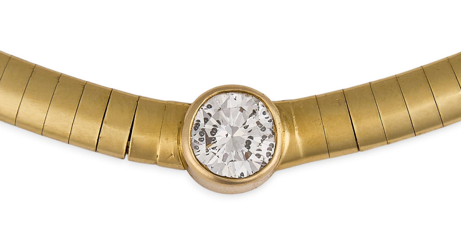 14K Omega Diamond Necklace: 14K yellow gold omega necklace, set with single round brilliant cut diamond, approximately 0.67 ct, marked "14K" Length: 16.5 in. Total weight: 17.9 g