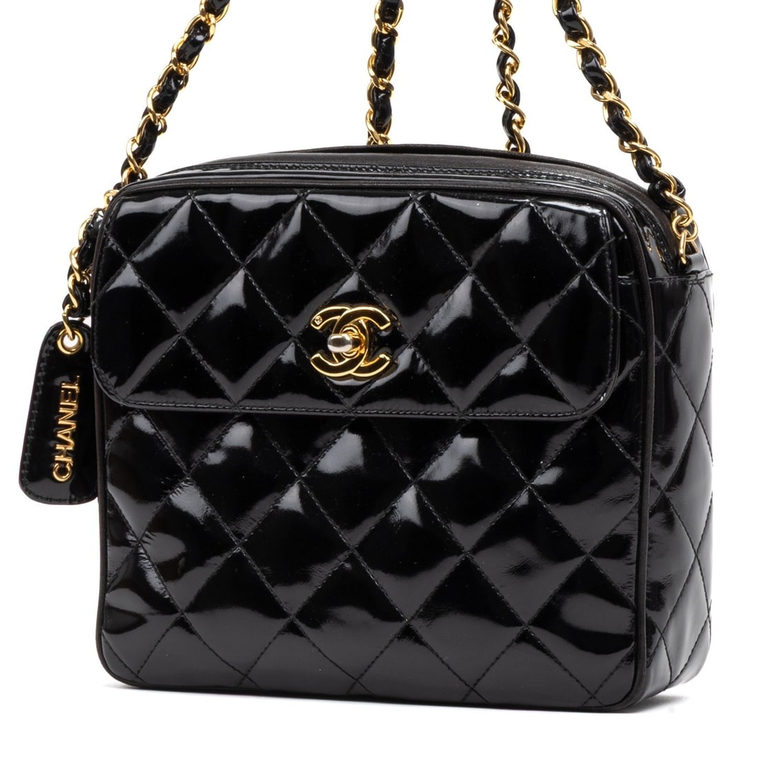 Chanel Front Flap Camera Crossbody Shoulder Bag: Chanel Front Flap Camera Crossbody shoulder bag in black quilted patent leather, gold hardware, marked 3844172 (1994-1996), includes dustbag, booklet, and box; third-party authenticated 7.7
