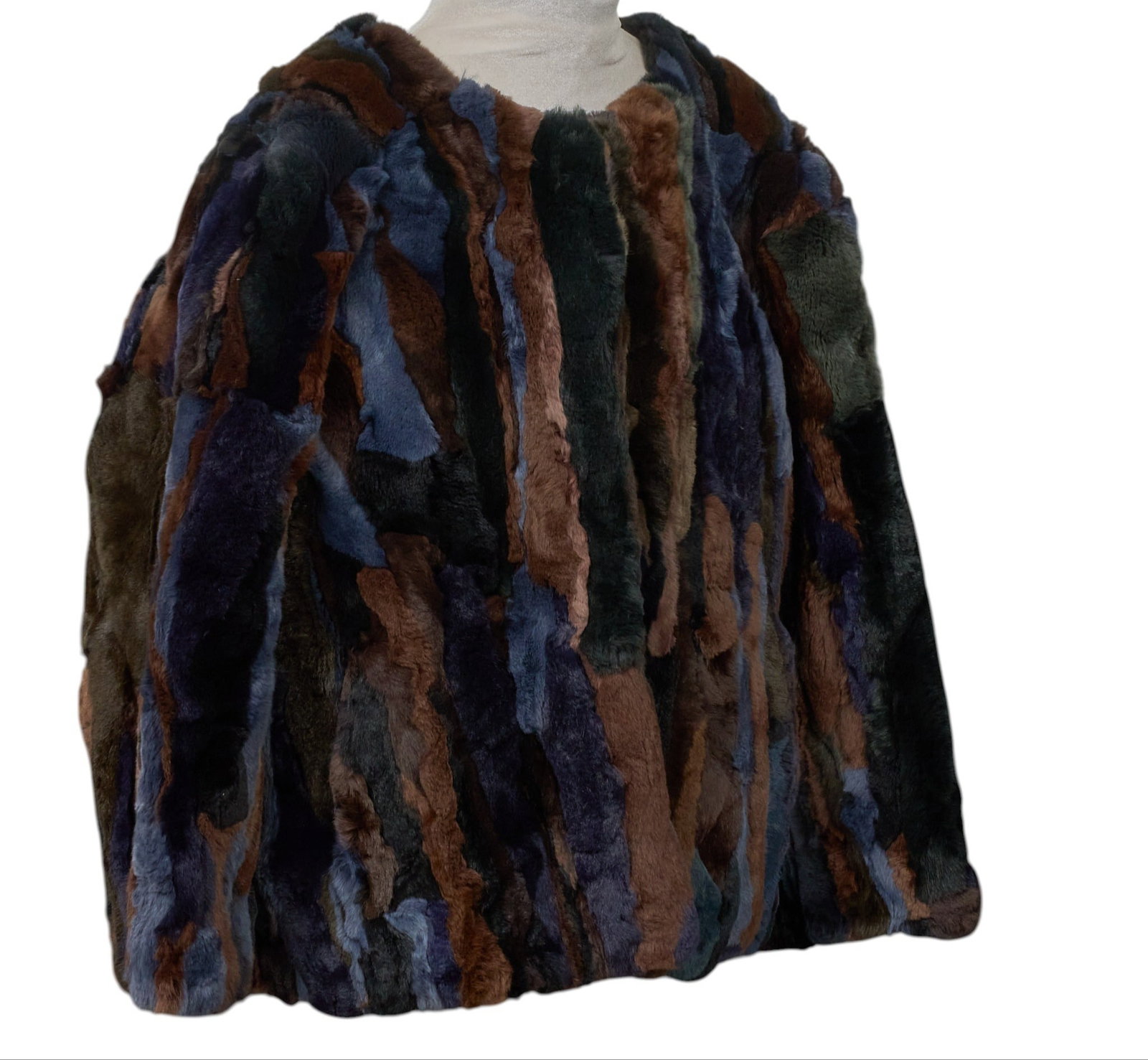 Rabbit Intarsia Coat: Rabbit Intarsia coat in shades of blue and brown, three hook-and-eye closures, and slit pockets length from top of collar: 24 in. shoulder width 20 in. sleeve length: 22 in. Provenan