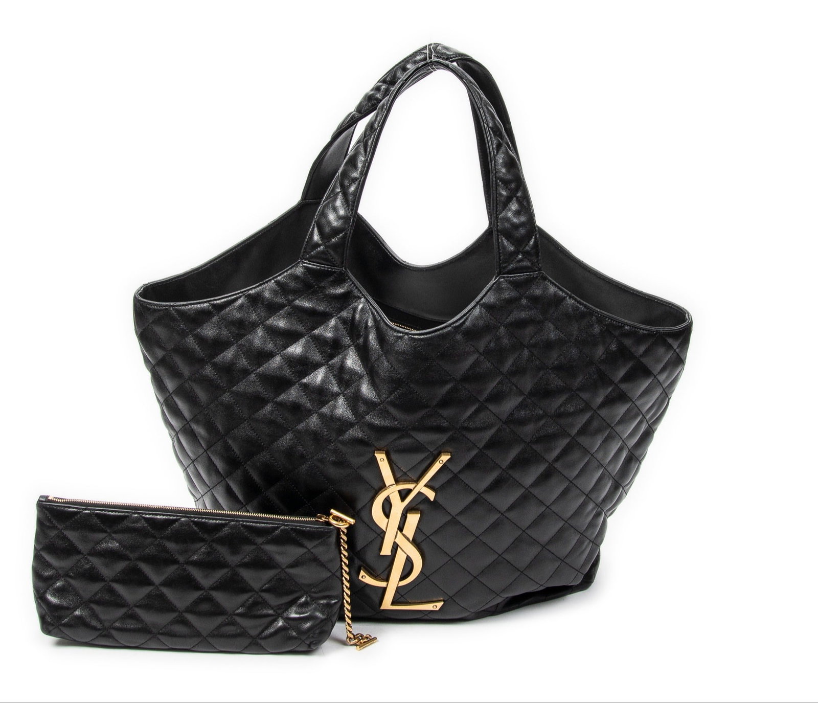 Yves Saint Laurent Icare Shoulder Bag: Yves Saint Laurent Icare shoulder bag in black quilted lambskin leather, gold hardware, marked GLT698651-0623, includes pouch; third-party authenticated 15 in. x 17 in. x 3.25 in. Condition AA; perfec