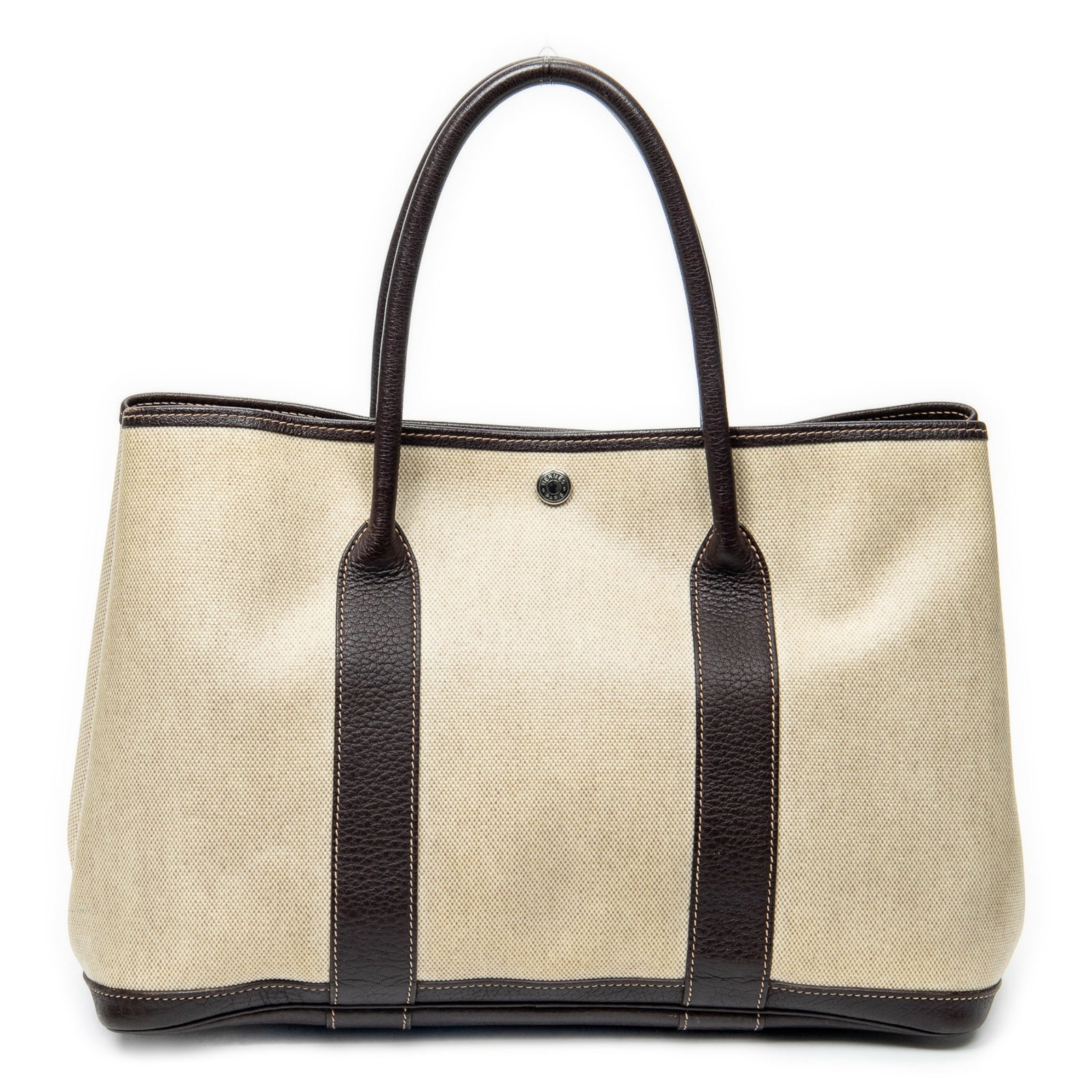Hermès Garden Party PM Shoulder Bag: Hermès Garden Party PM shoulder bag in beige and dark brown toile H canvas, with dark brown leather handles, and palladium hardware, stamped F in square (2002); third-party authenticated 1