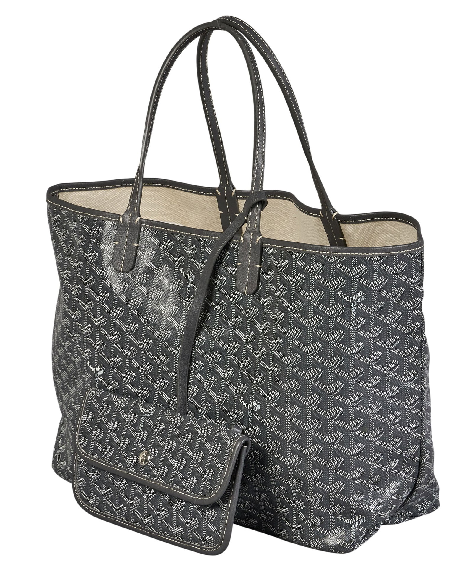 Goyard Saint Louis Shoulder Bag: Goyard Saint Louis shoulder bag in gray Goyardine coated canvas, with gray leather handles, and silver hardware, includes wallet 19 in. x 11 in. x 5.5 in. Condition A; excellent condit