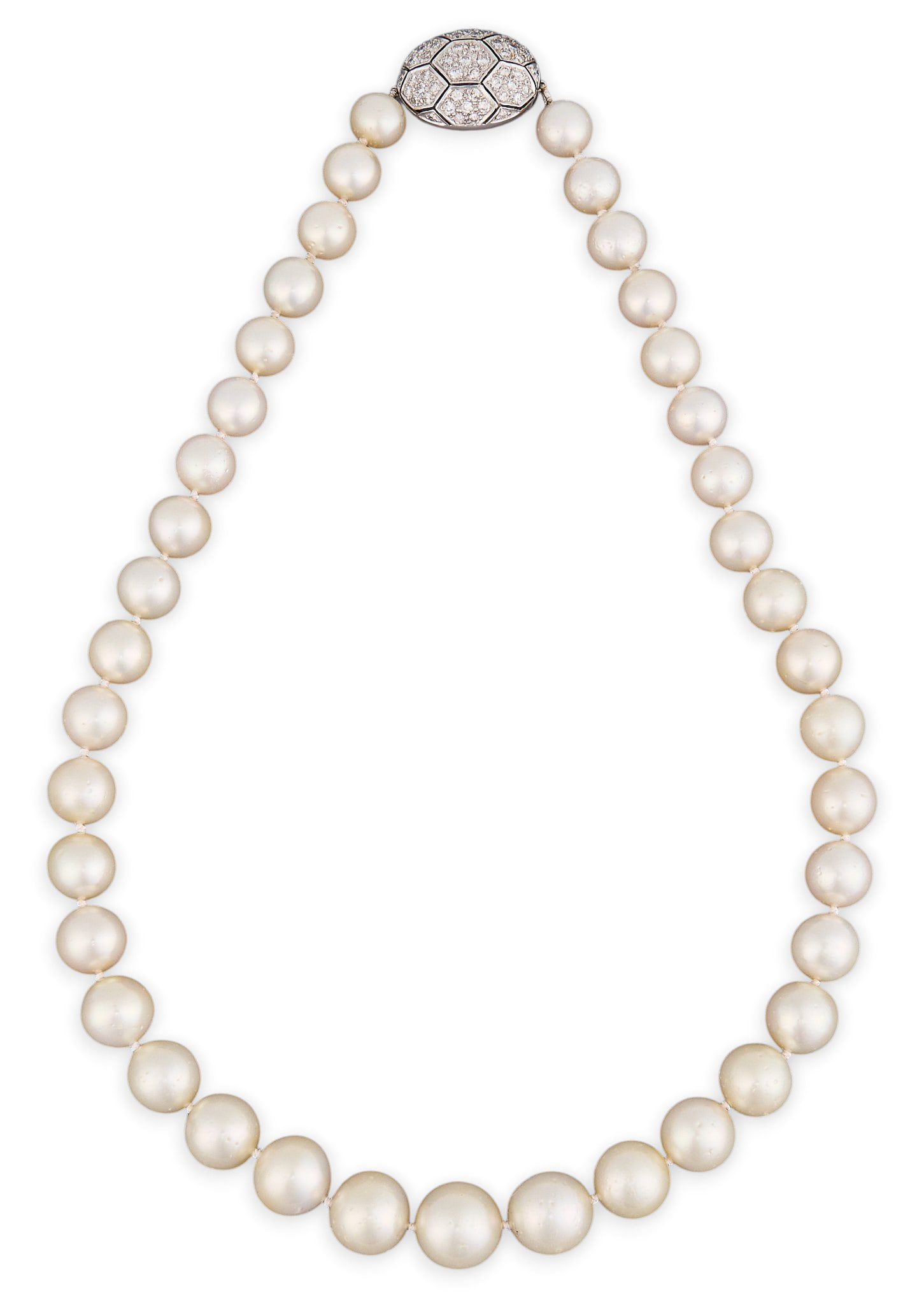 Art Deco 14K Diamond Pearl Necklace: Art Deco single strand pearl necklace of thirty-nine round cultured pearls, graduated in size from approximately 14 mm to 10 mm, with 14K white gold pave diamond clasp, set with 55 modern brilliant cu