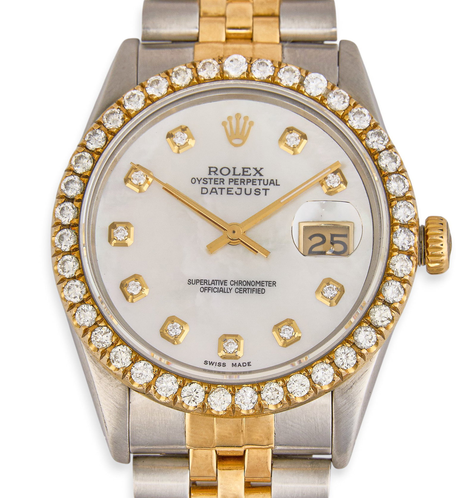Rolex Datejust 36mm Two-Tone Mother-of-Pearl: Rolex Datejust Oyster Perpetual 18K yellow gold and stainless steel watch, circa 1977, model number 16233, serial number B508437, 36mm case, mother-of-pearl dial with diamond hour marke