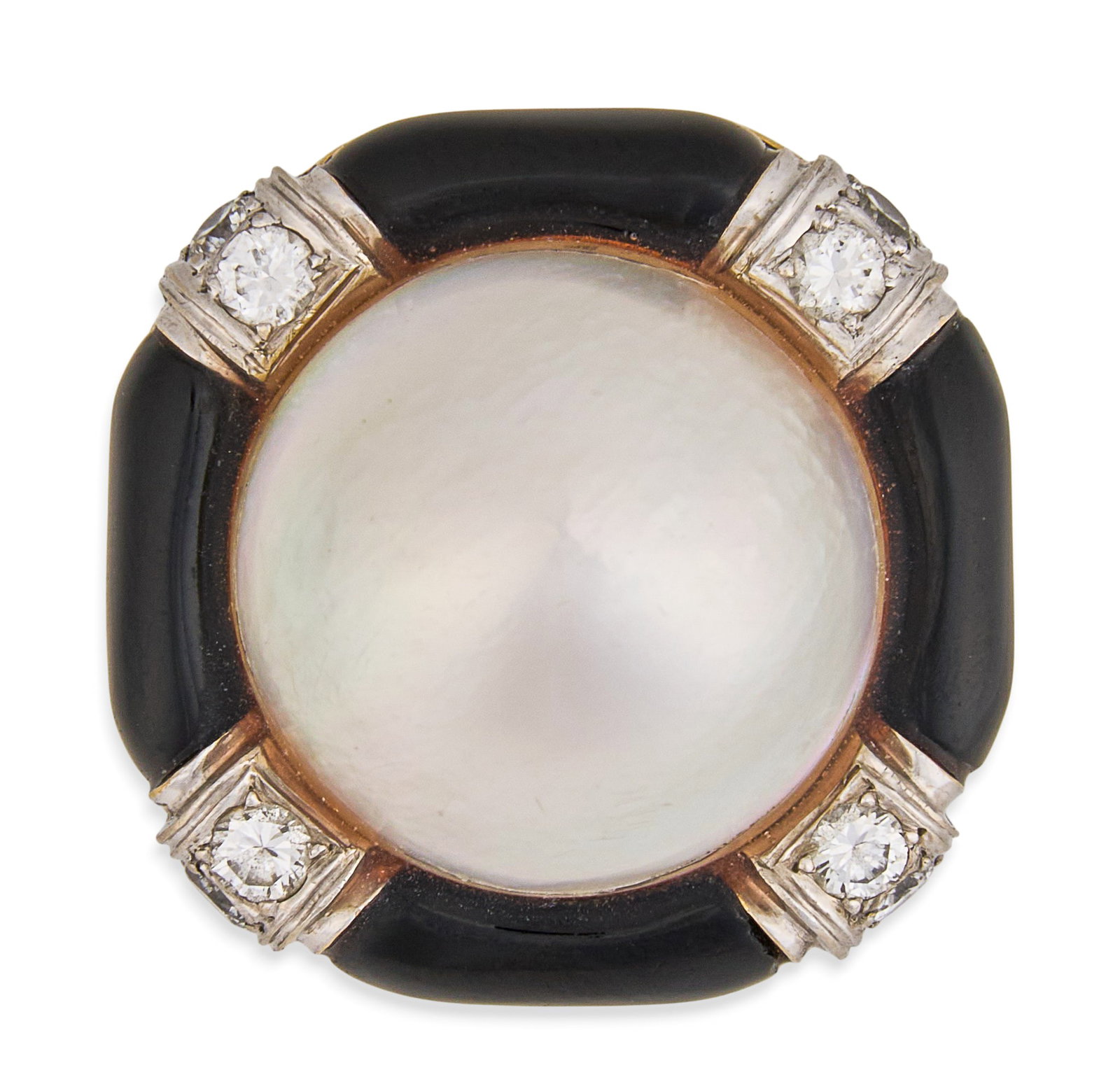 18K Mabe Pearl & Onyx Ring: 18K two-tone gold ring set with mabe pearl, approximately 16.75 mm, accented by round brilliant cut diamonds, approximately 0.4 ctw, and onyx inlay, marked "18K" Size: 6 Total weight: 18.6 g