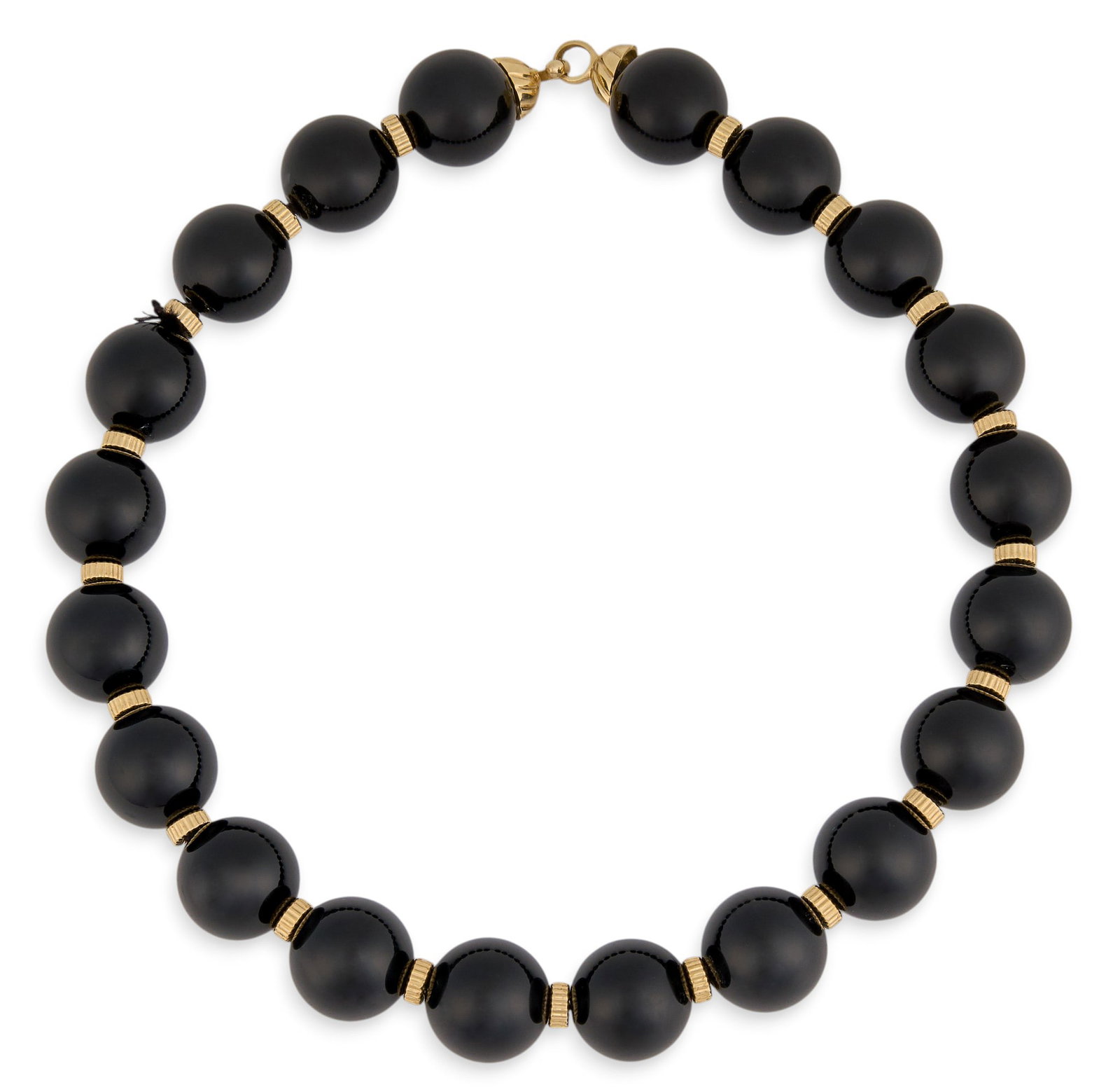 14K Onyx Beaded Necklace: 14K yellow gold (tested) and onyx beaded necklace Length: 17 in. Total weight: 162.6 g Provenance: Property from the collection