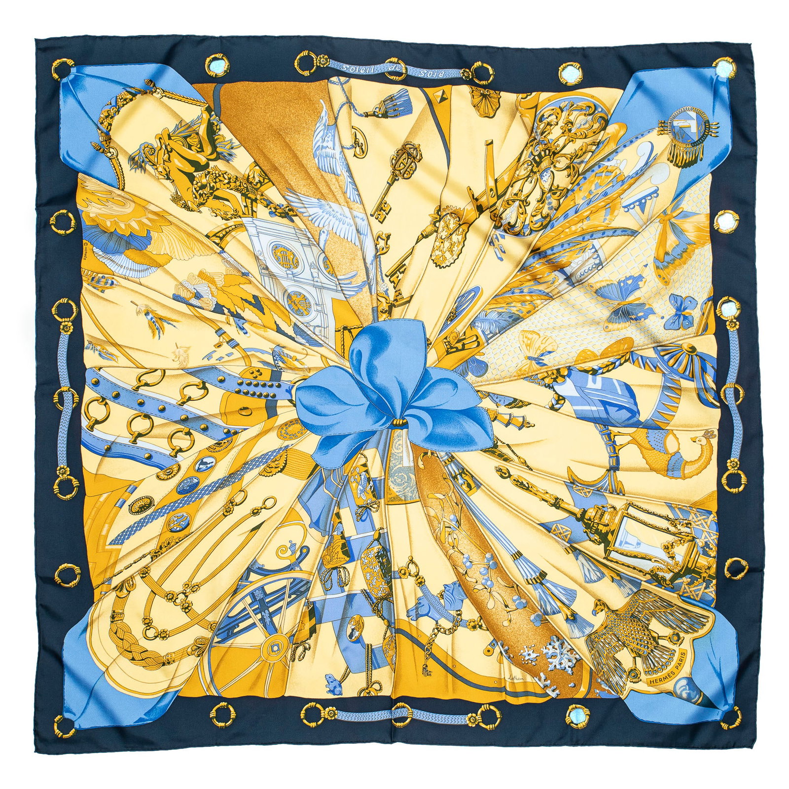 Hermès Soleil de Soie Silk Scarf: Hermès "Soleil de Soie" silk scarf, designed by Cathy Latham, includes original box Square: 35.5 in. Condition AA; perfect condition, has barely been used