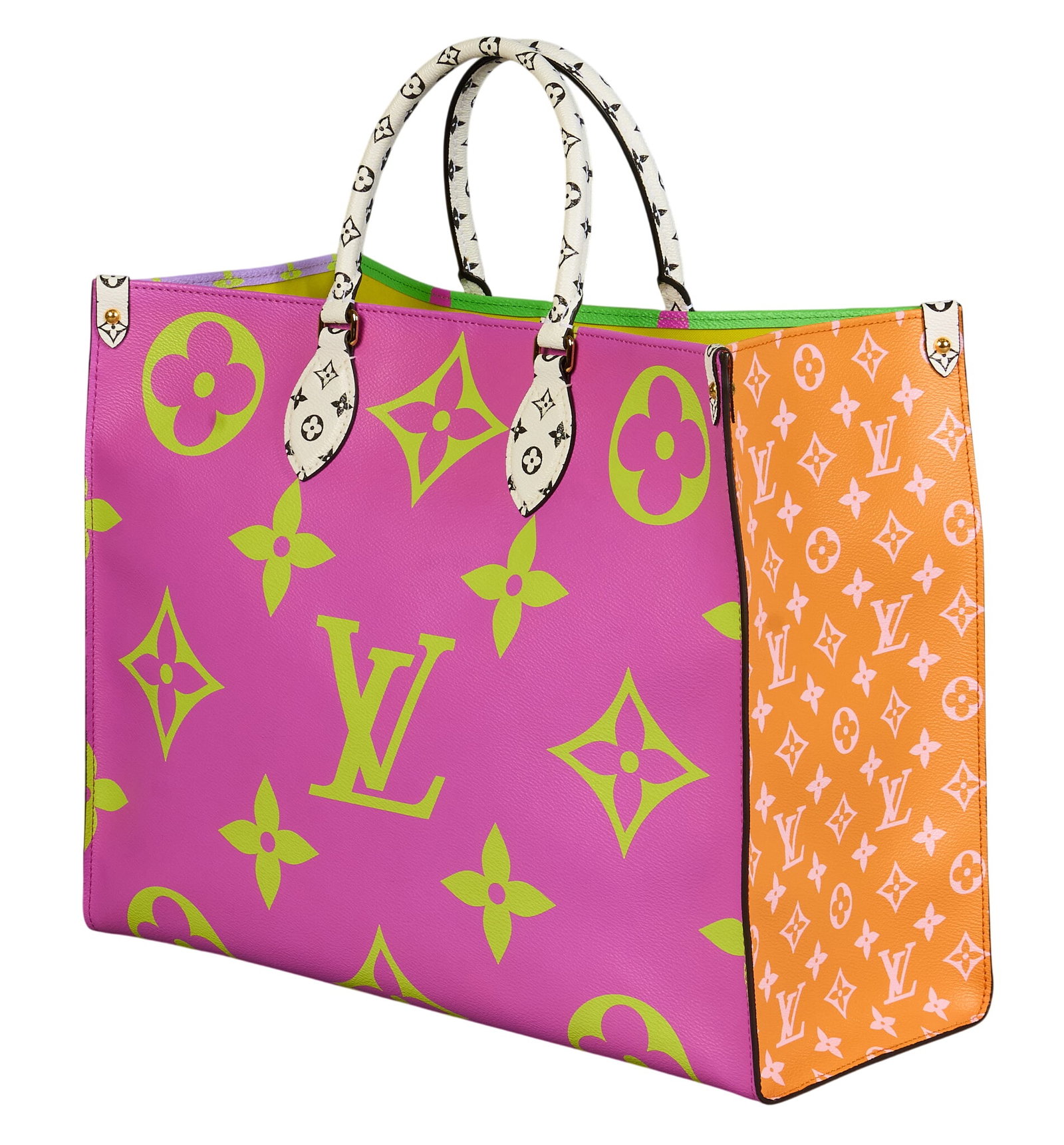 Louis Vuitton OnTheGo GM Vert Monogram Bag: Louis Vuitton OnTheGo GM Vert Monogram Bag in polychrome jumbo and small monogram canvas, with black and white leather monogram handles, from the Summer 2019 collection, includes dustbag, and pin