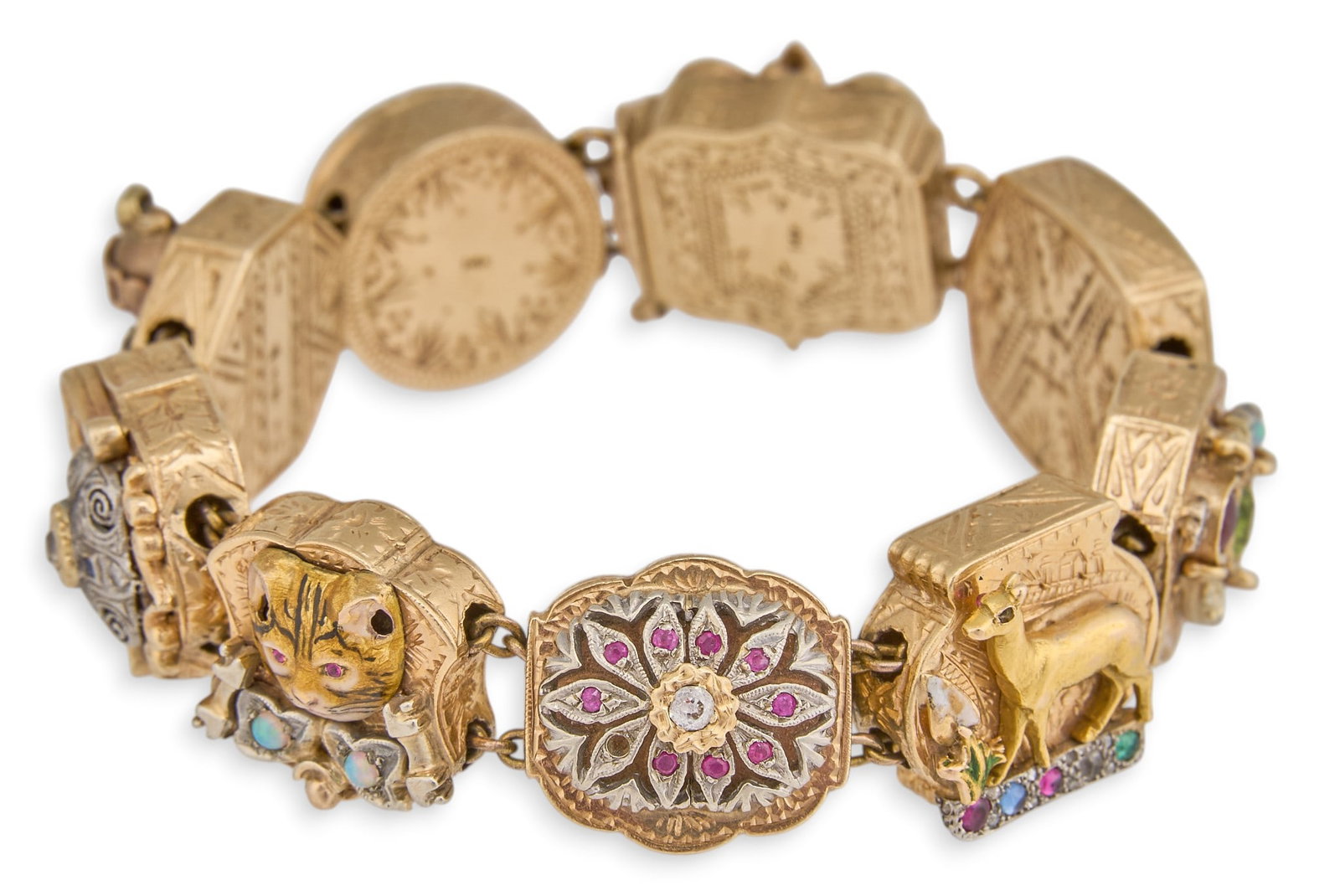14K Victorian Slide Bracelet: 14K yellow gold Victorian style slide charm bracelet, featuring diamond, sapphires, ruby, opal, emerald, and peridot settings, various flora and fauna motifs, stamped "14K" Length: 6.5 in. T