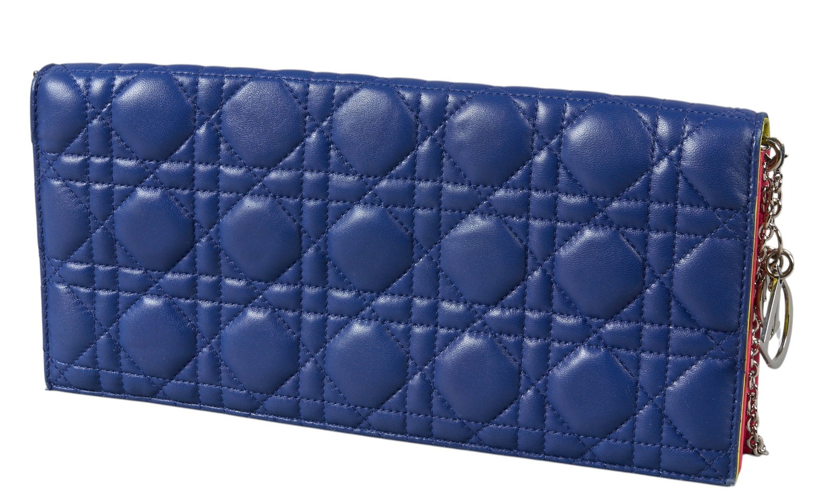 Dior Tricolor Convertible Clutch: Christian Dior Convertible Clutch in blue cannage leather, with neon pink and yellow details, and silver hardware, includes authenticity card, dustbag, and silver chain strap 10..75 in. x