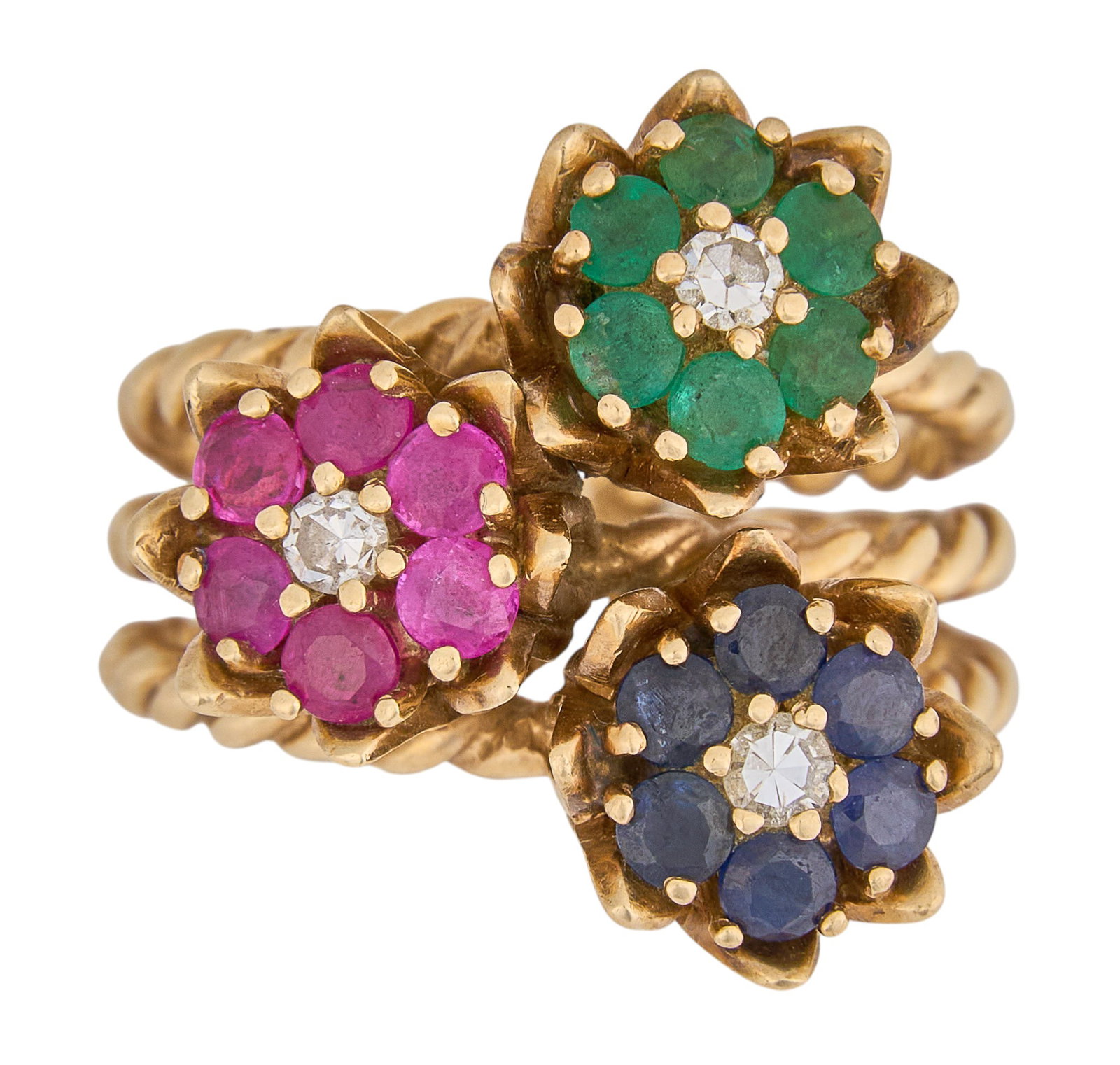 14K Ruby, Emerald, Sapphire Flower Ring: 14K yellow gold (tested) ring, set with flower motifs composed of round brilliant cut rubies, emeralds, and sapphires, approximately 0.42 ctw each, accented by round brilliant cut diamonds, appro