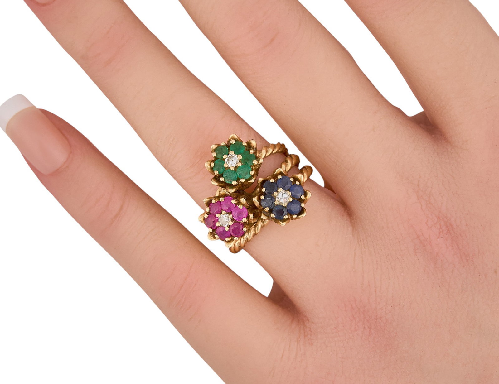 14K Ruby, Emerald, Sapphire Flower Ring - 2