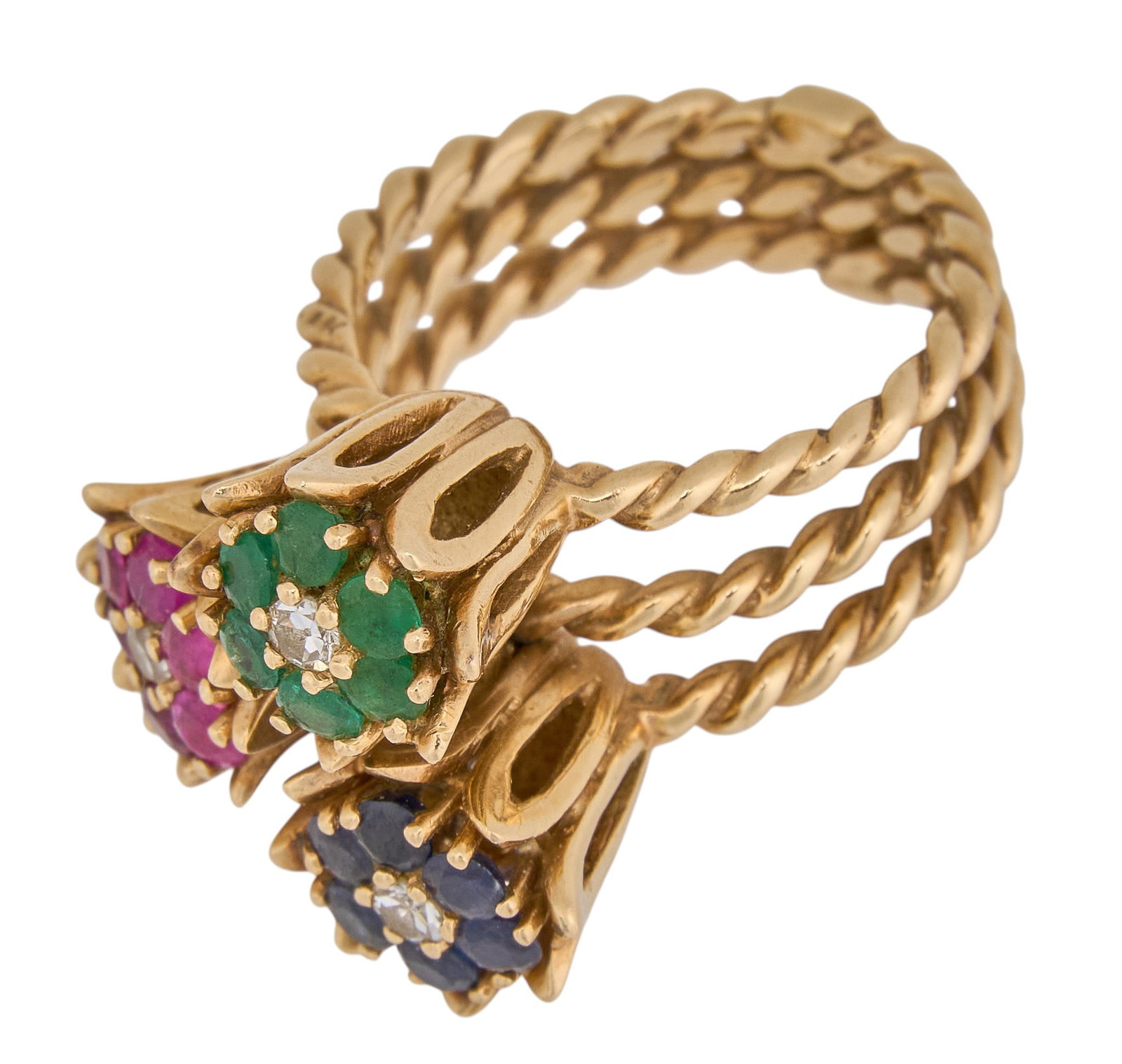 14K Ruby, Emerald, Sapphire Flower Ring - 3