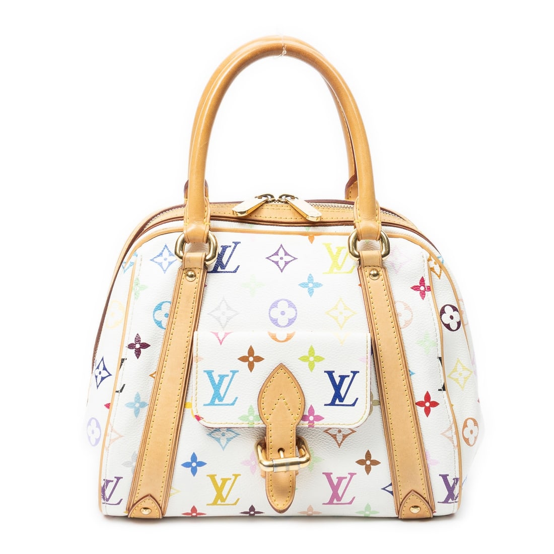 Louis Vuitton Priscilla Handbag: Louis Vuitton Priscilla handbag in white multicolore monogram, vachetta handles, golden brass hardware, marked SP0098 (9th week of 2008), third-party authenticated 10.75 in. x 8.75 in. x 7 in.