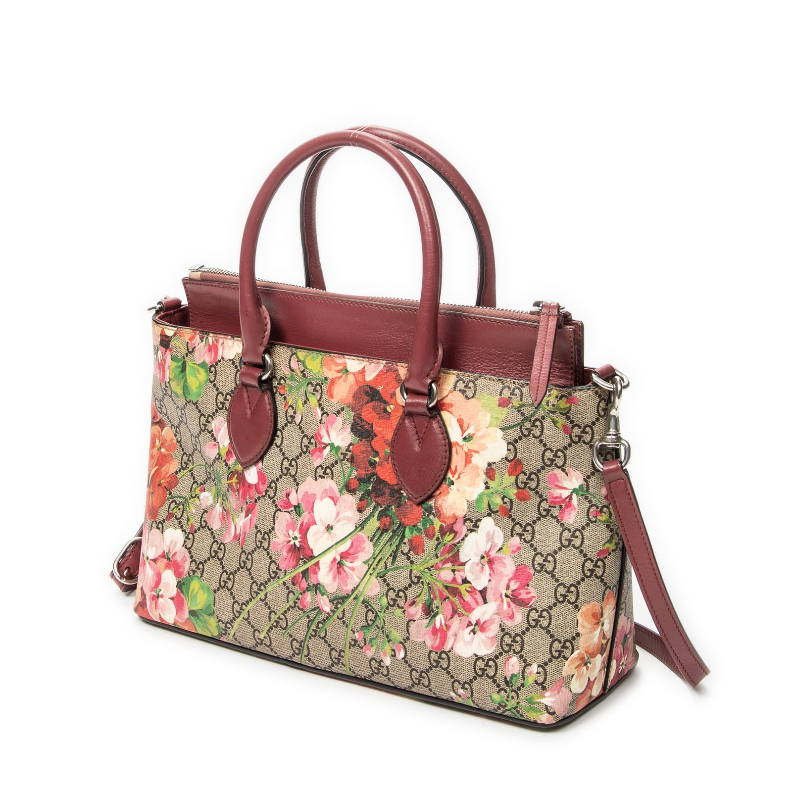 Gucci Zip Tote Shoulder Bag: Gucci Zip Tote shoulder bag in beige/red blooms supreme coated canvas, red leather handles, silver hardware, marked 409534 467891, includes strap; third-party authenticated 12.25 in. x 7.75 in. x 4