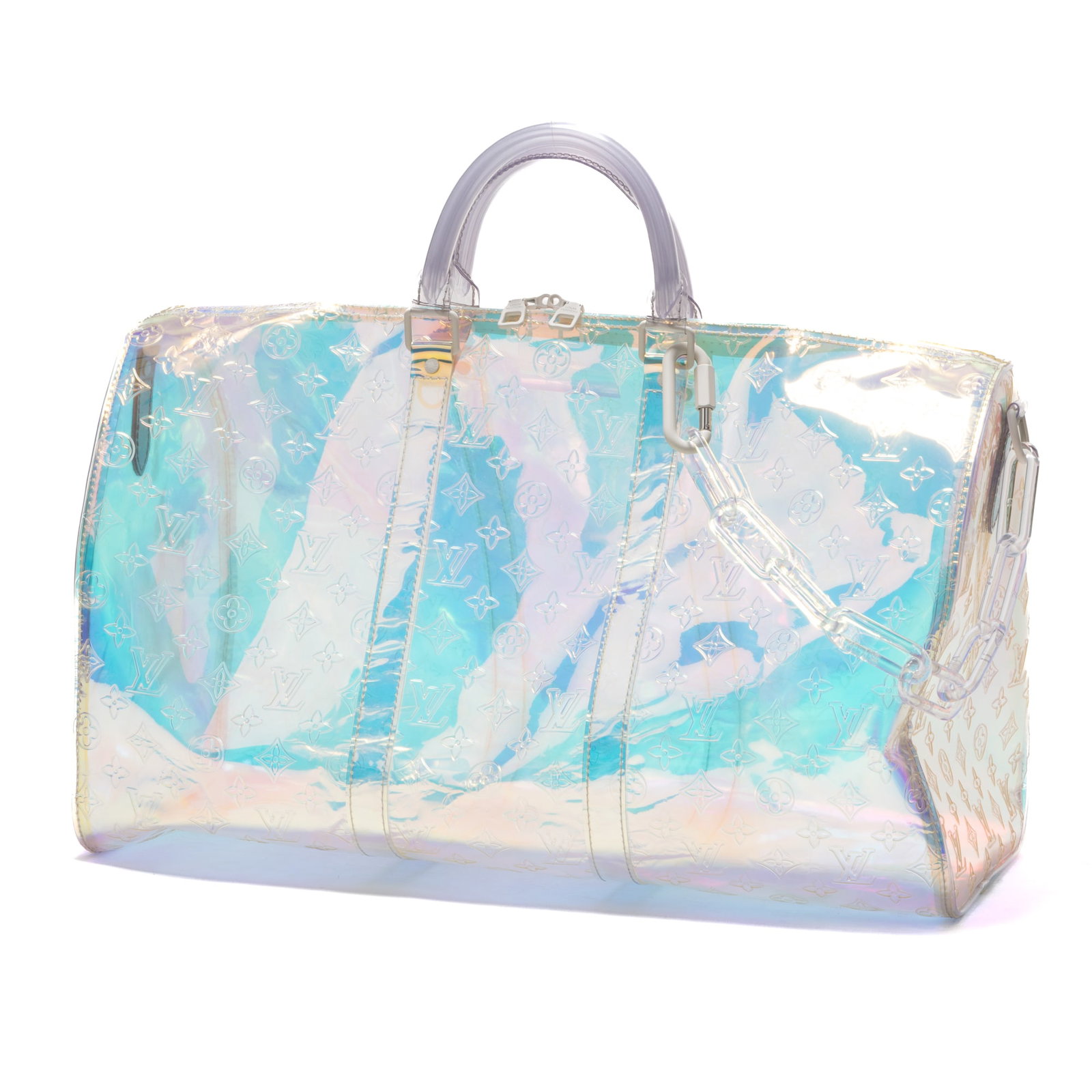 Rare Louis Vuitton Ltd. Ed. Virgil Abloh Keepall Monogram Prism 50 Travel Bag: Louis Vuitton Ltd. Ed. Virgil Abloh Keepall Monogram Prism 50 travel bag in iridescent monogram embossed pvc, plastic hardware, marked DR1139, includes cadena, keys, 2 straps, name tag, handle strap,
