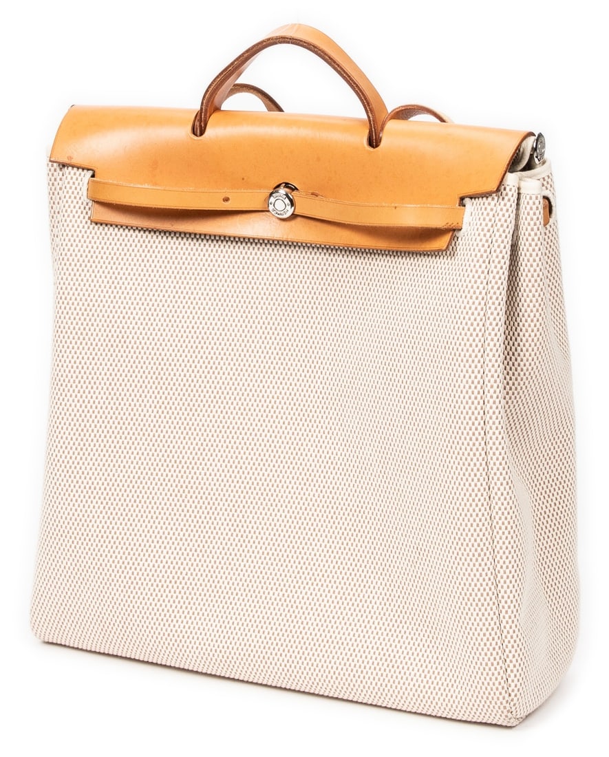 Hermès Herbag 2 In 1 GM: Hermès Herbag 2 in 1 GM in beige/brown toile gm canvas, brown leather handles, palladium hardware, marked Stamp G in Square (2003), includes cadenas, keys in clochette, detachable bag,