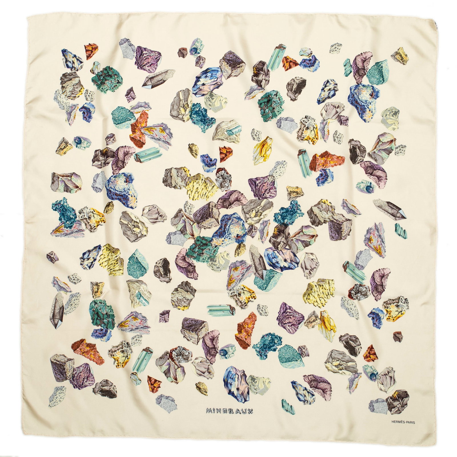 Hermès Mineraux Silk Scarf: Hermès "Mineraux" silk scarf, designed by Hugo Grygkar Square: 35.5 in. Condition AA; perfect condition, has barely been used
