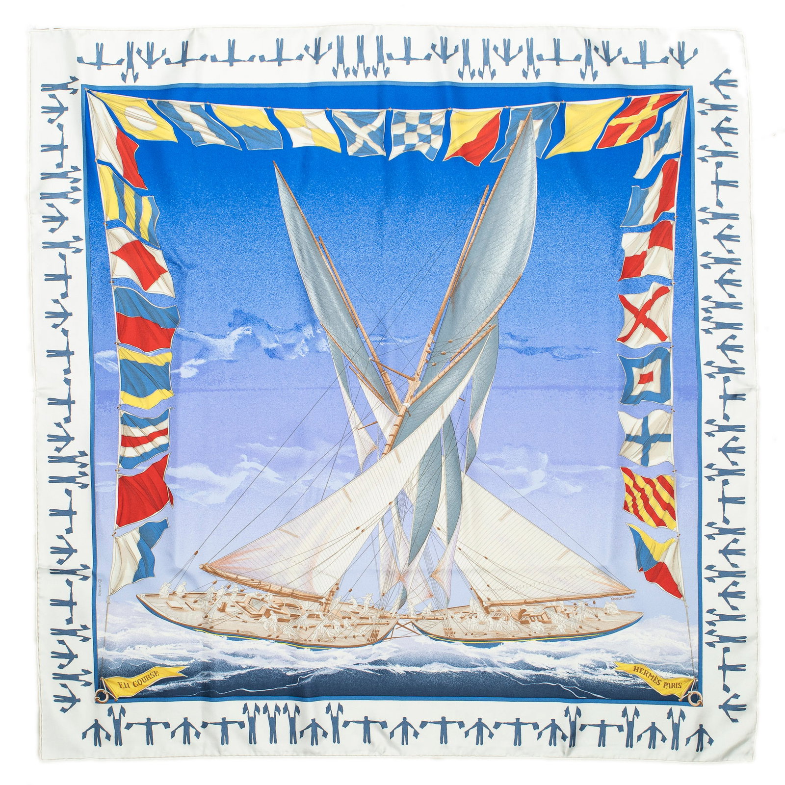 Hermès En Course Silk Scarf: Hermès "En Course" silk scarf, deisgned by Yannick Manier Square: 35.5 in. Condition AA; perfect condition, has barely been used