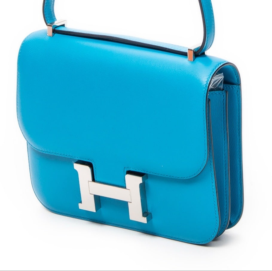 Hermès Constance 18 Shoulder Bag: Hermès Constance 18 shoulder bag in blue Frida Swift leather, palladium hardware, marked YCT516 DF (2020) Y, includes box, booklet; third-party authenticated 4 in. x 4.25 in. x 0.75 in.