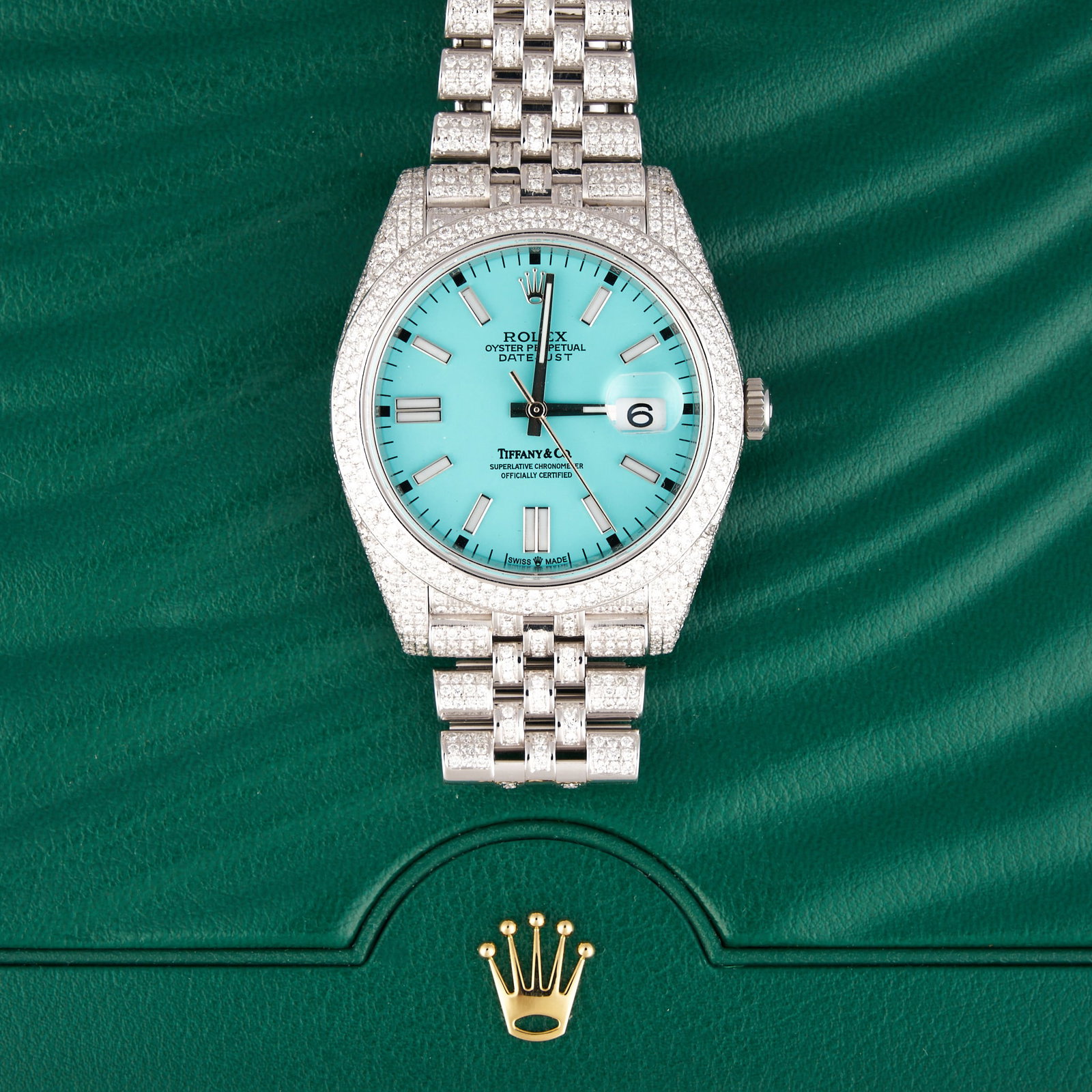 Beautiful Rolex Datejust 36mm Stainless Steel Diamond Set Tiffany Dial: Rolex Datejust stainless steel watch, encrypted production date, model number 40055, serial number 3338J271, 36mm case, custom Tiffany Blue dial with 'Tiffany & Co.' printed
