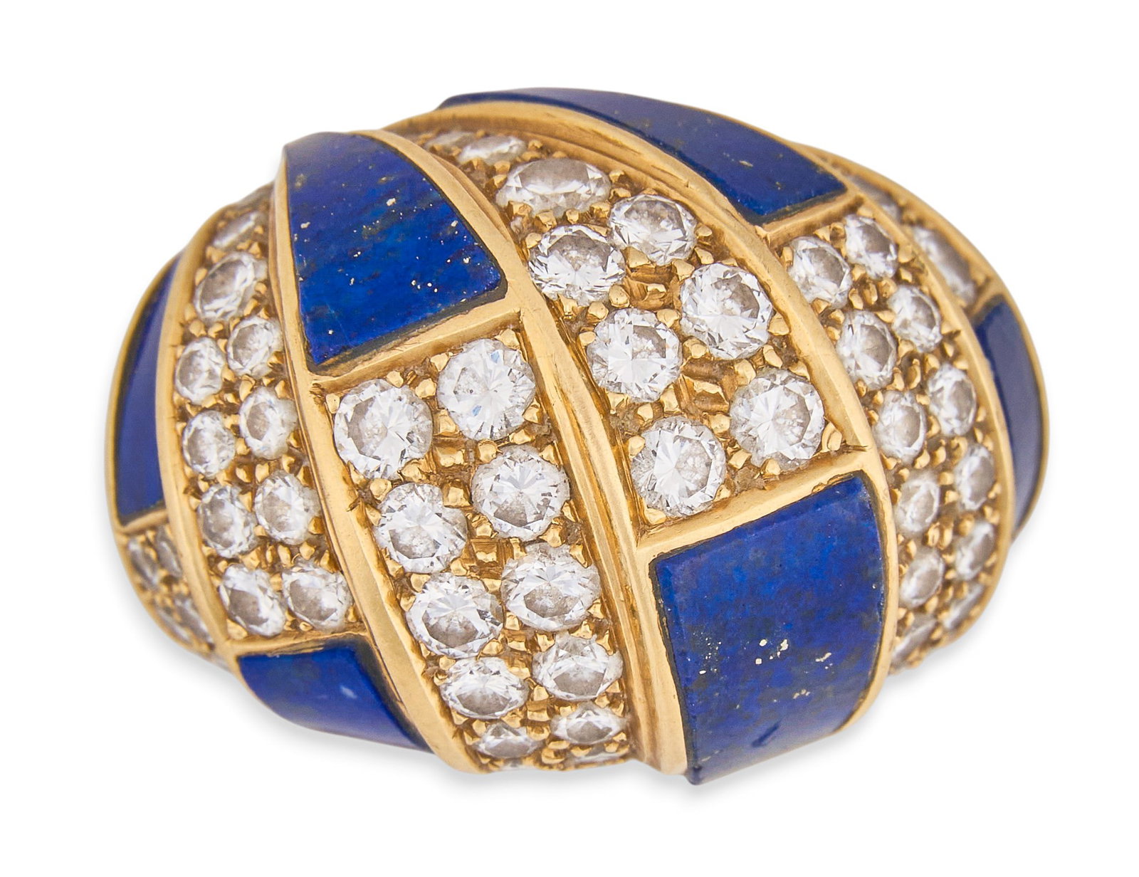 14K Diamond & Lapis Ring: 14K yellow gold dome style ring set with round brilliant cut diamonds and inlaid blue lapis, marked "Made in France 18K" Size: 6 Total weight: 18.2 g Provenance: Property from the