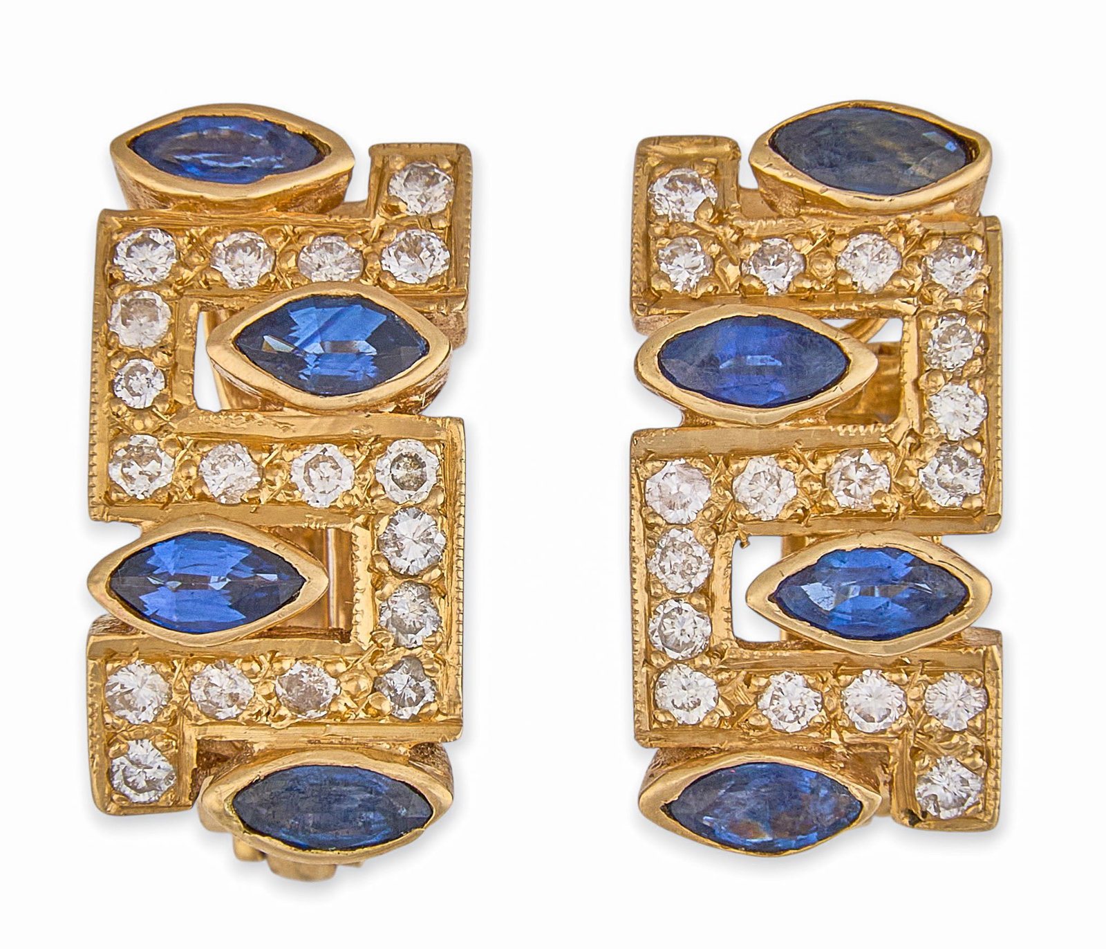 14K Diamond & Sapphire Earrings: Pair of 14K yellow gold earrings, set with round brilliant cut diamonds and marquise cut sapphires, marked "585" Size: 0.75 in. / width Total weight: 7.75 g