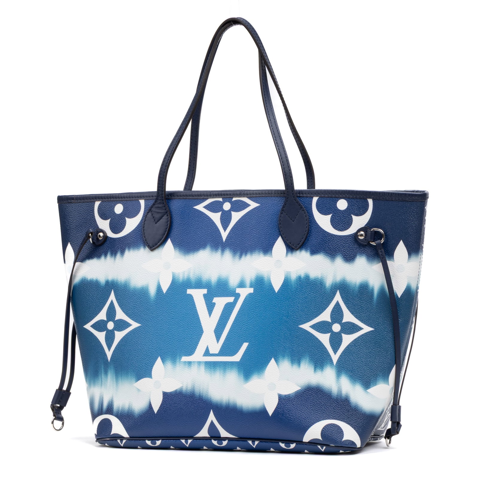Louis Vuitton Ltd. Ed. Escale Neverfull MM Shoulder Bag: Louis Vuitton Ltd. Ed. Escale Neverfull MM shoulder bag in blue monogram giant escale, navy leather handles, silver hardware, marked GI0250, includes dustbag; third-party authenticated 12.25 in. x