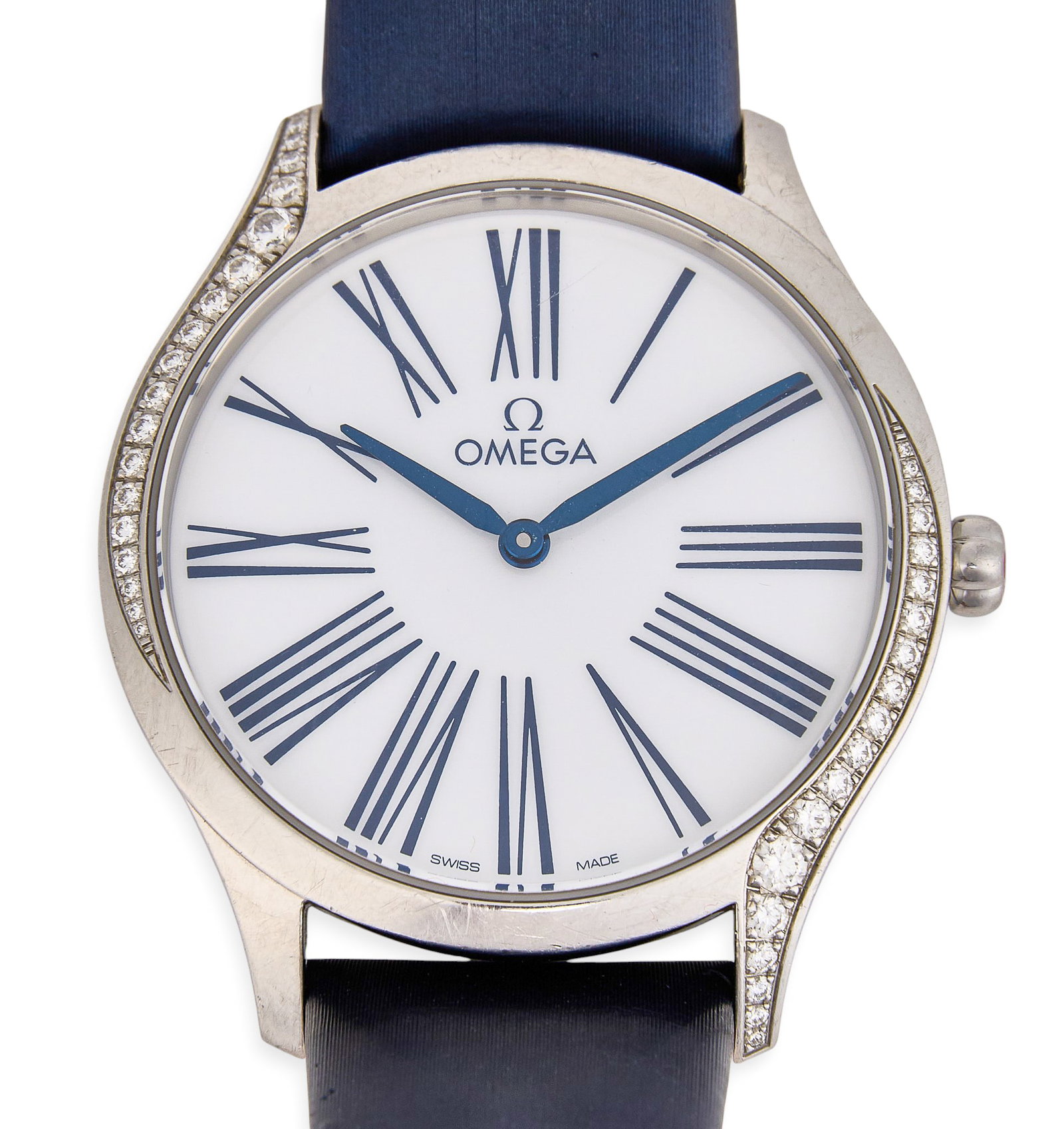 Omega Navy de Ville Tresor Stainless Steel & Diamond: Omega de Ville Tresor watch, white dial, circa 2017, features 0.493 carats of diamonds on bezel, 36mm case, navy leather wristband, includes original box with dustbag, box packaging, operating in