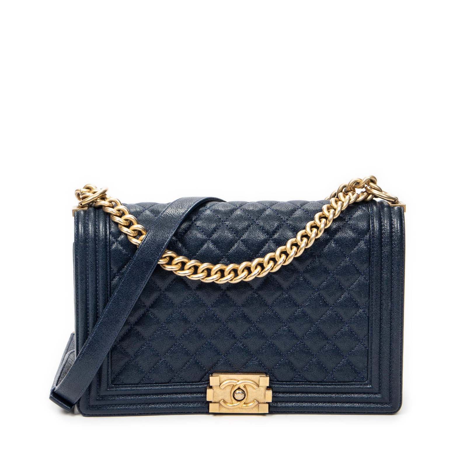Chanel Large Boy Shoulder Bag: Chanel Large Boy shoulder bag in navy quilted caviar leather, gold hardware, marked 26352987 (2018-2019), includes dustbag; third-party authenticated 11 in. x 7 in. x 2.75 in. Condition A; 