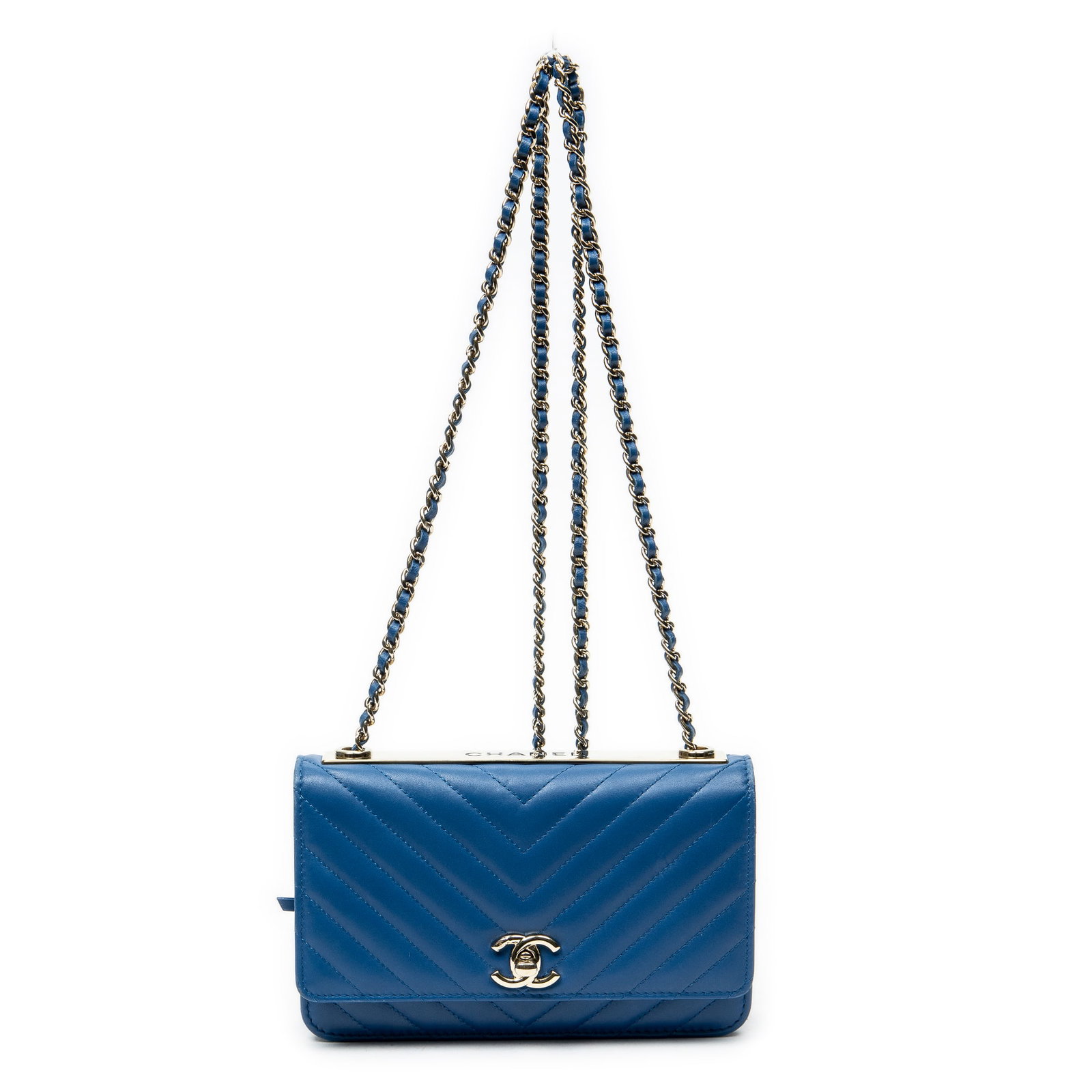 Chanel CC Trendy Wallet On Chain Shoulder Bag: Chanel CC Trendy Wallet on Chain shoulder bag in blue chevron quilted lambskin leather, gold hardware, marked 26889958 (2018-2019), includes sticker; third-party authenticated 4 in. x 4.25 in. x 0.75 
