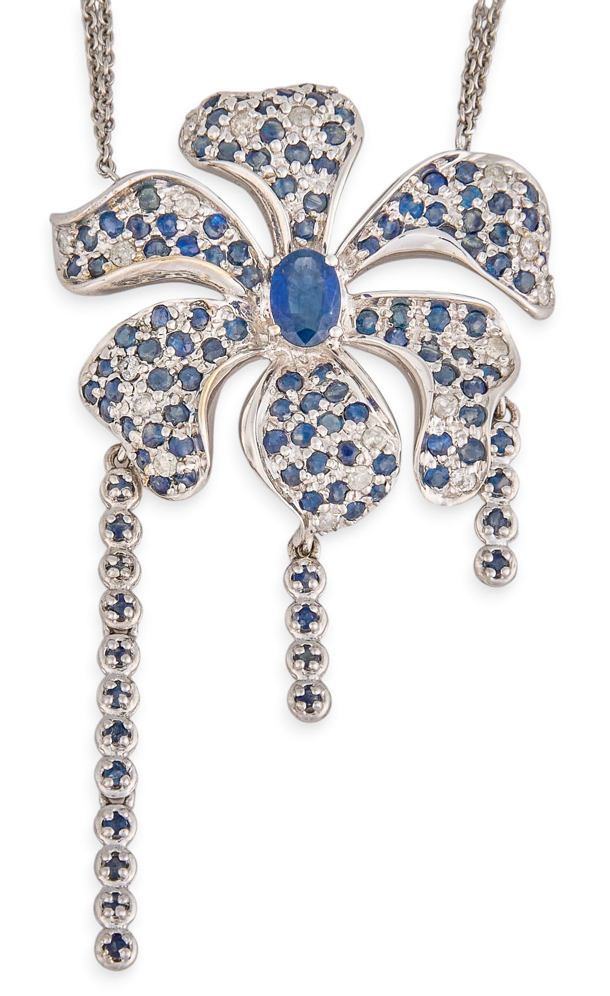 14K Diamond & Sapphire Flower Pendant Necklace: 14K white gold flower pendant necklace, on two chains, pendant set with approximately 0.7 ct sapphire center stone, accented by round cut diamonds and sapphires, with dangling details set with additio