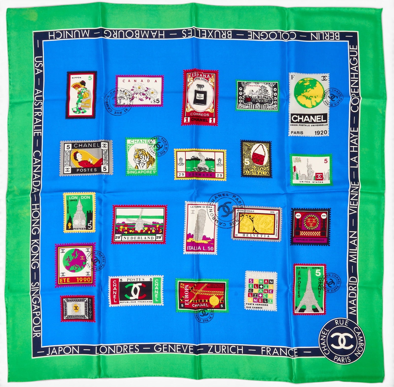 Chanel Stamps of the World Silk Scarf: Chanel "Stamps of the World" silk scarf, includes original box Square: 33 in. Condition AB; very good condition, regular wear signs, corner stain Provenance: Property from a home